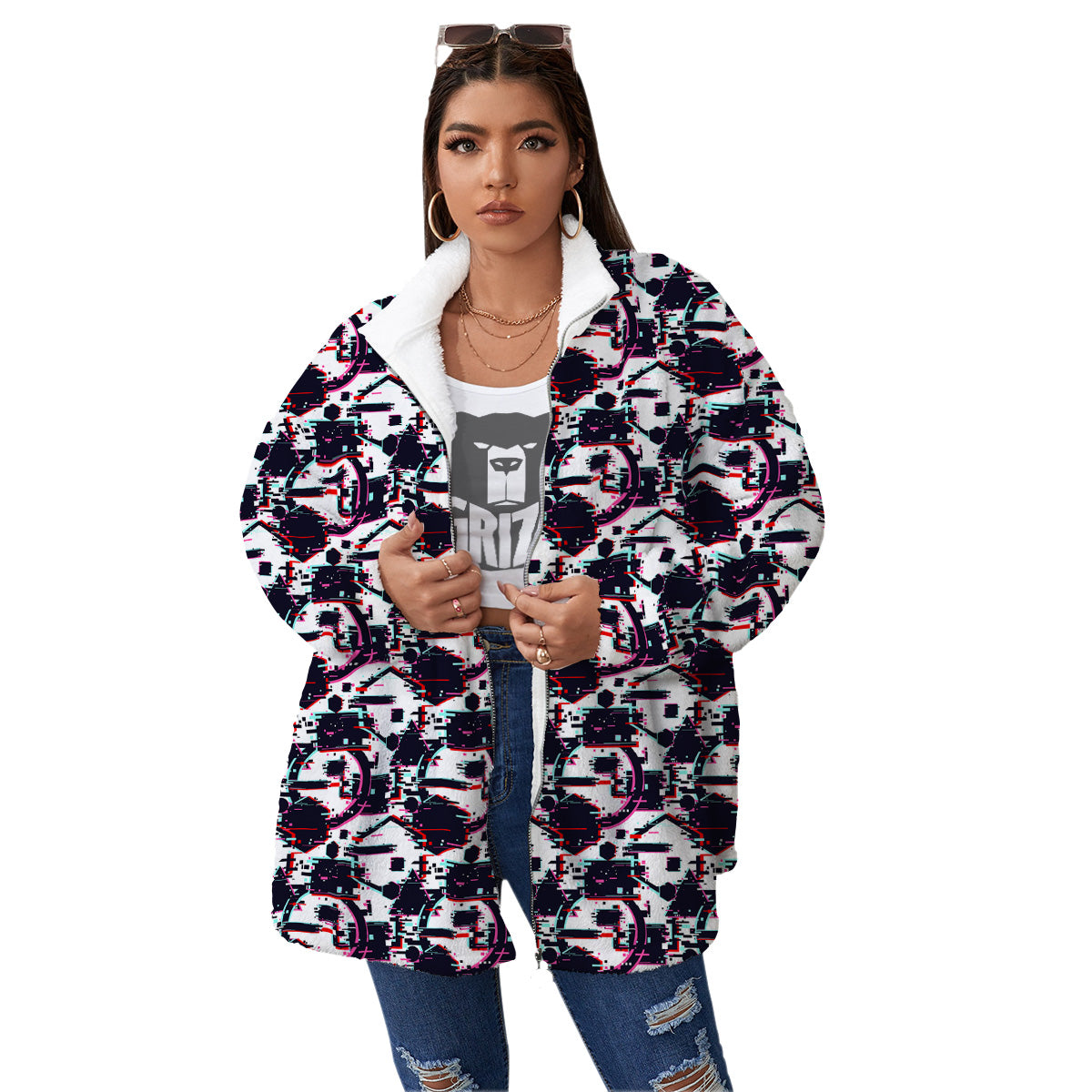 Glitch Effect Print Pattern Women's Sherpa Jacket-grizzshop