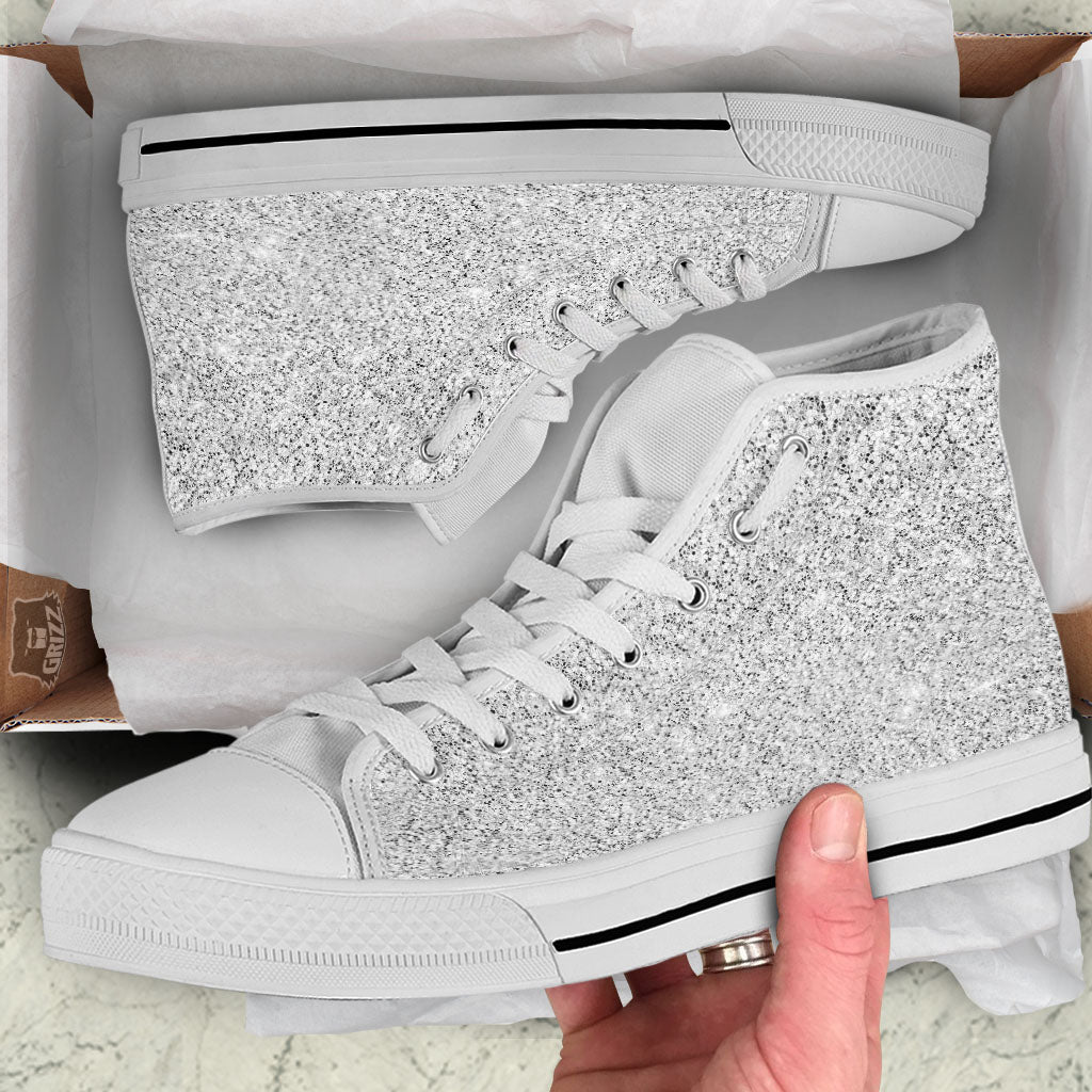Glitter Artwork Light Silver Print White High Top Shoes-grizzshop