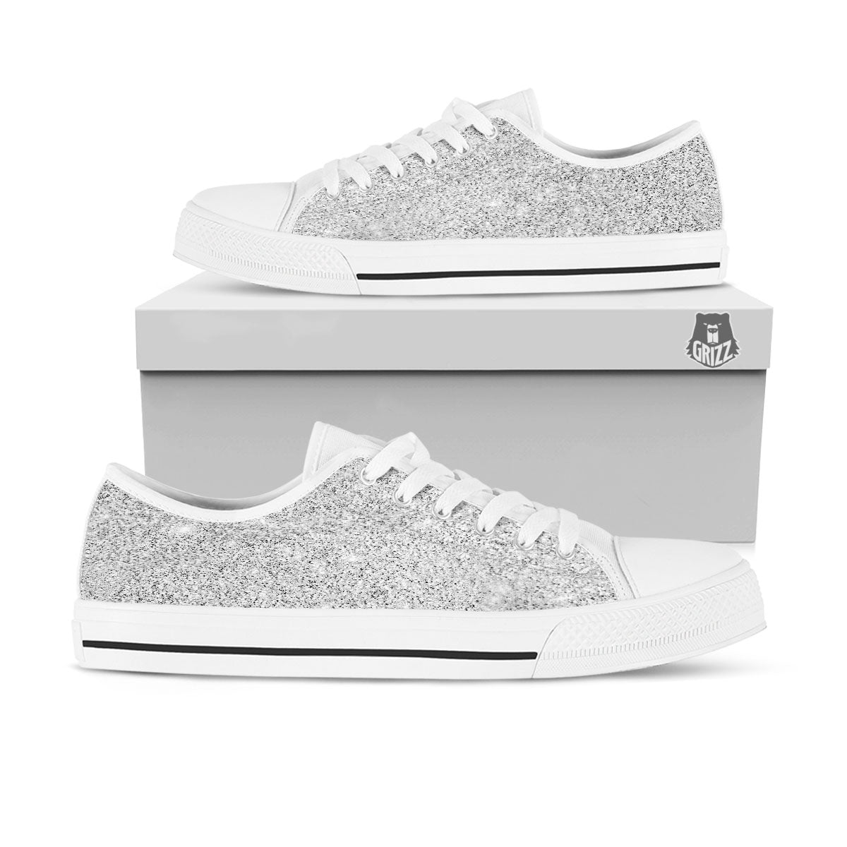 Glitter Artwork Light Silver Print White Low Top Shoes-grizzshop