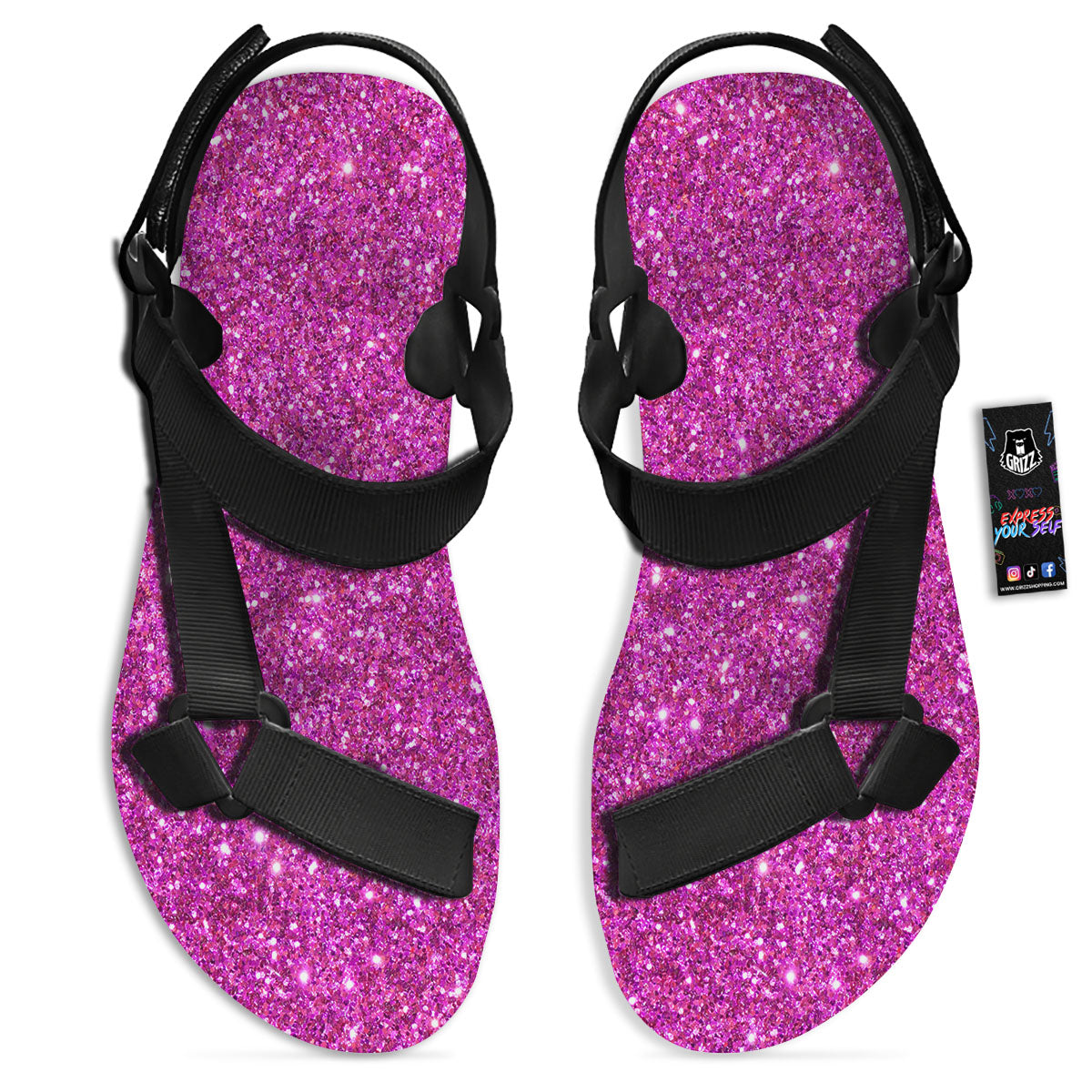 Glitter Artwork Magenta Pink Print Black Open Toe Sandals-grizzshop