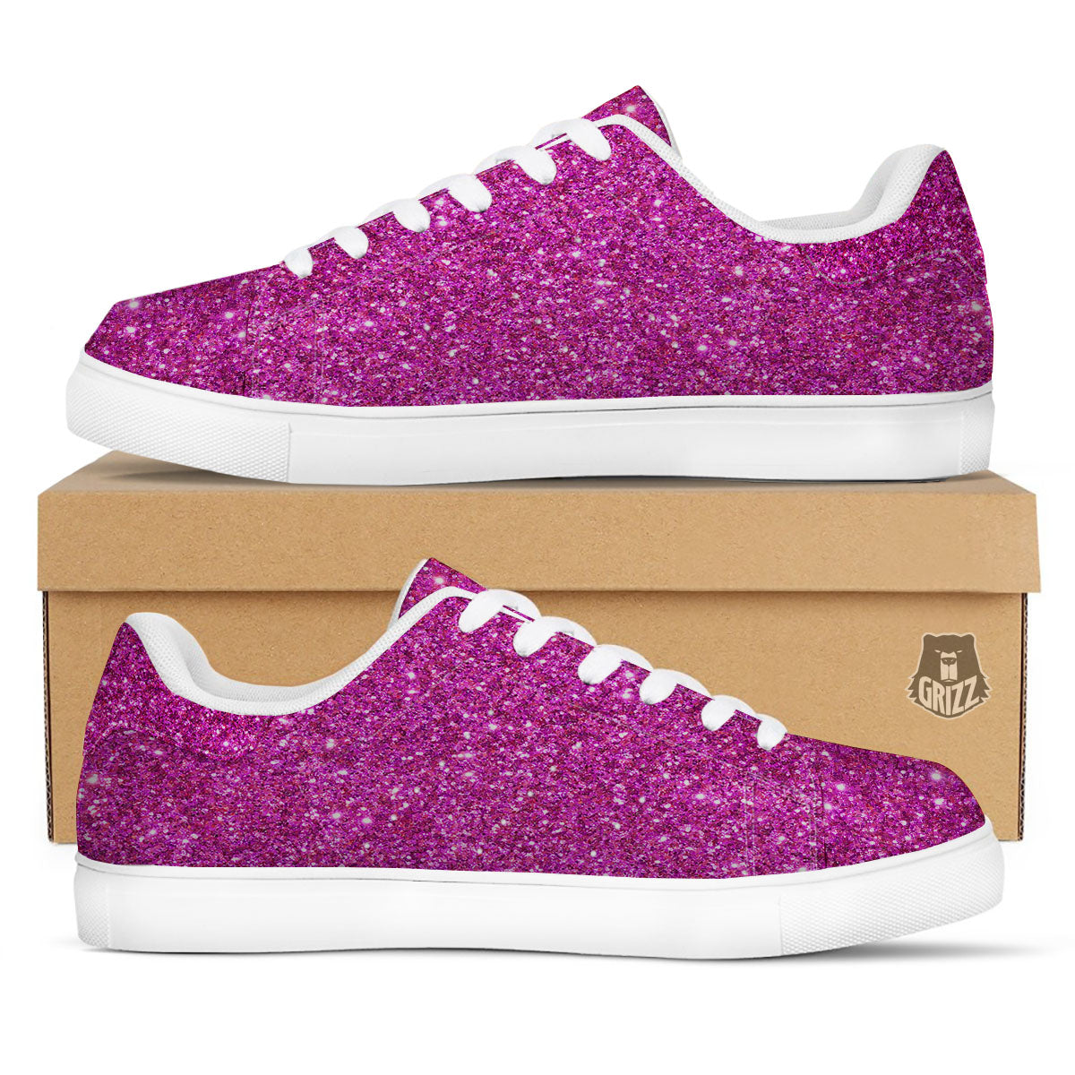 Glitter Artwork Magenta Pink Print White Low Top Sneakers-grizzshop