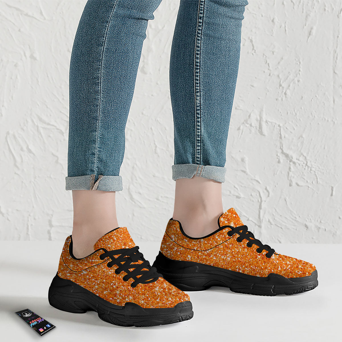 Glitter Artwork Orange Print Black Chunky Shoes-grizzshop