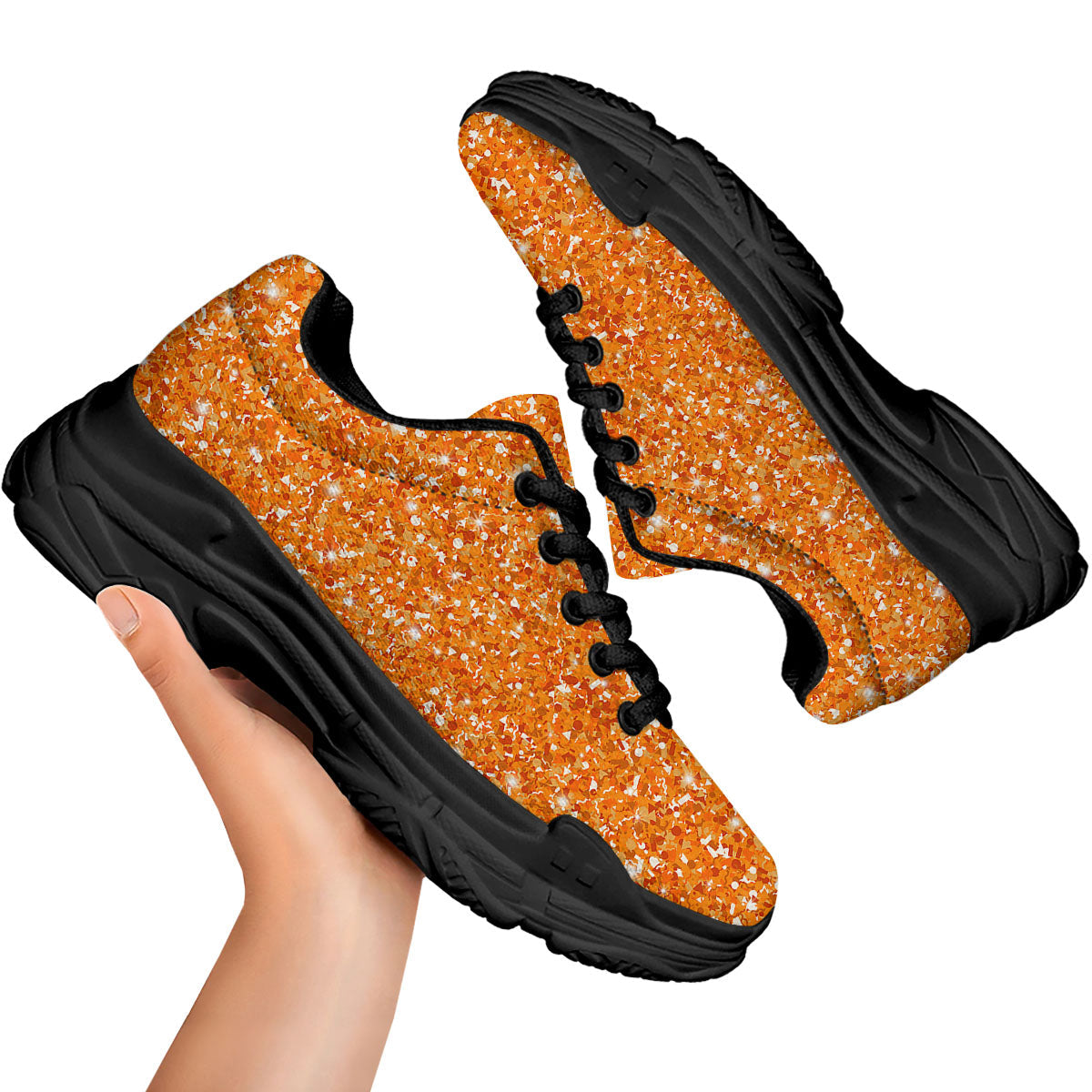 Glitter Artwork Orange Print Black Chunky Shoes-grizzshop