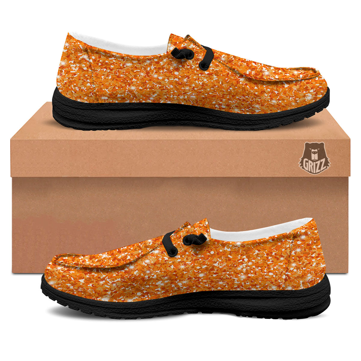 Glitter Artwork Orange Print Black Loafers-grizzshop