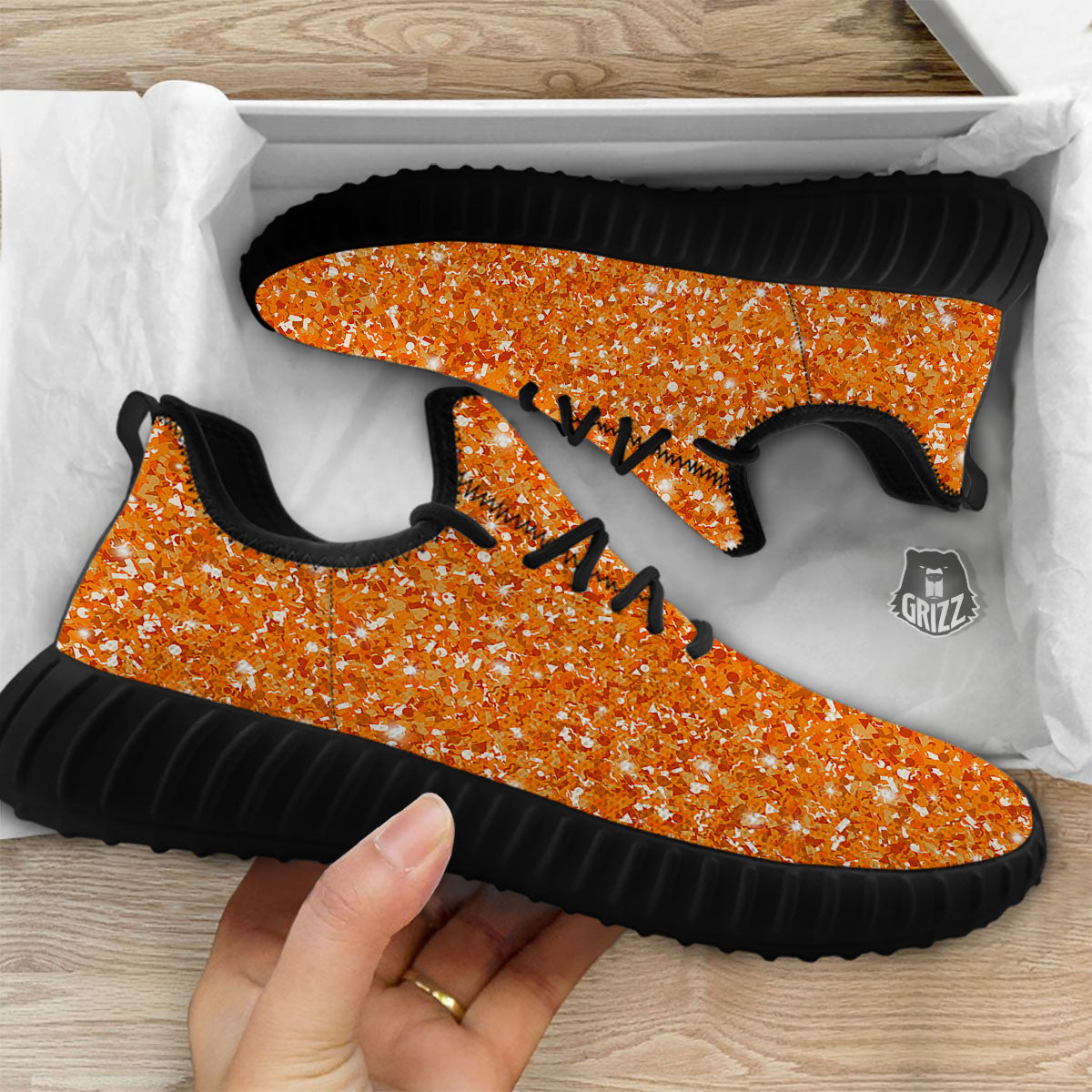 Glitter Artwork Orange Print Black Walking Shoes-grizzshop