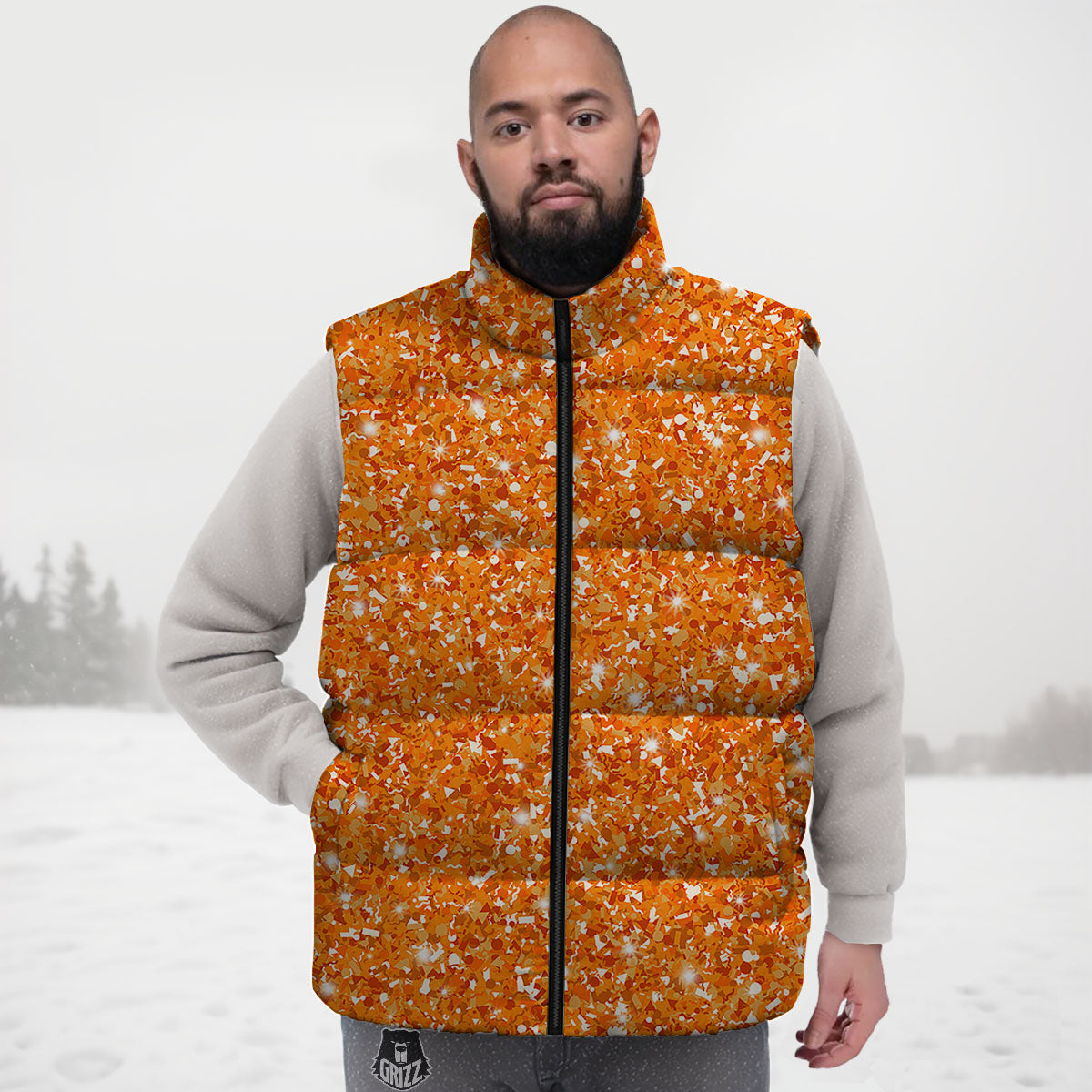 Glitter Artwork Orange Print Down Vest