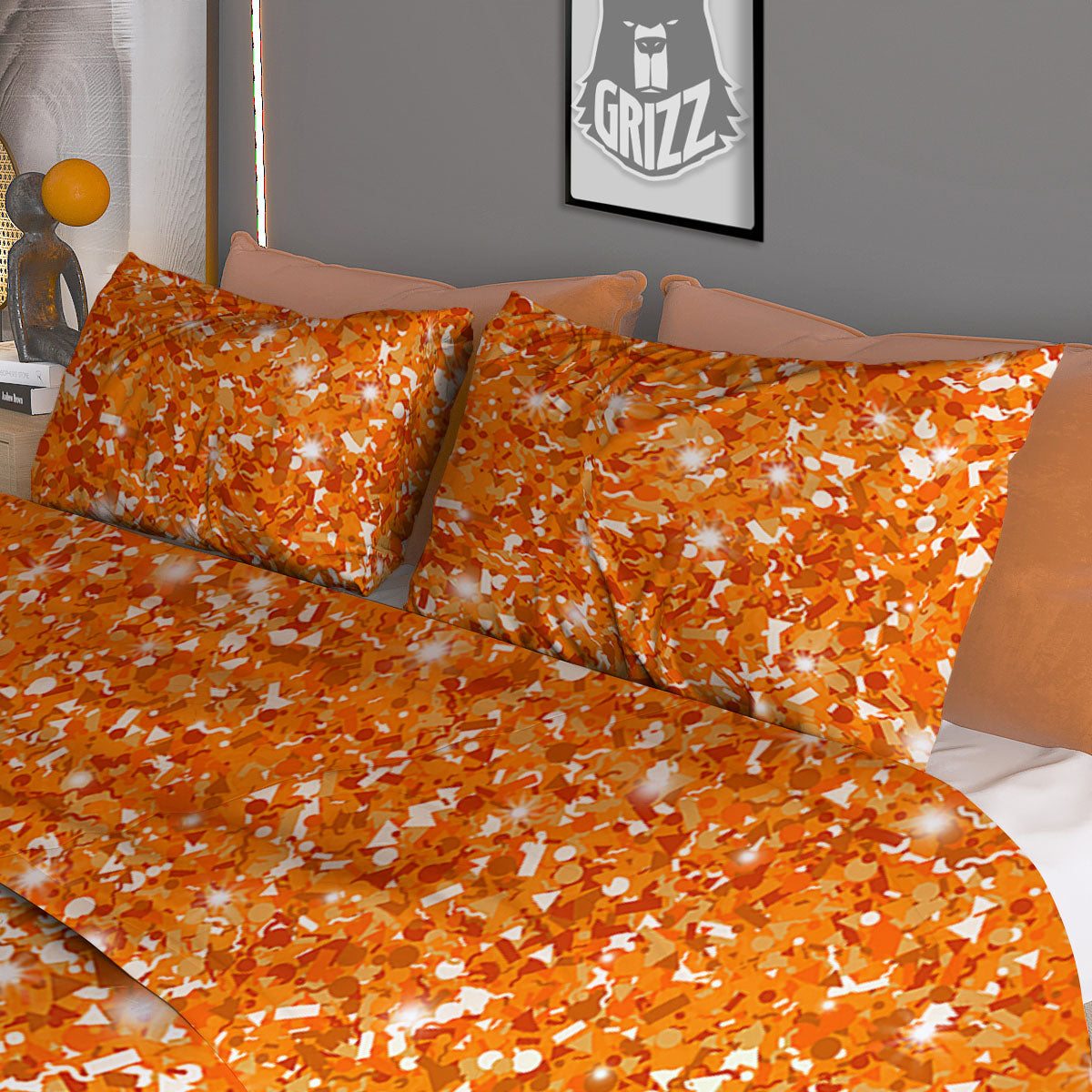 Glitter Artwork Orange Print Duvet Cover Bedding Set