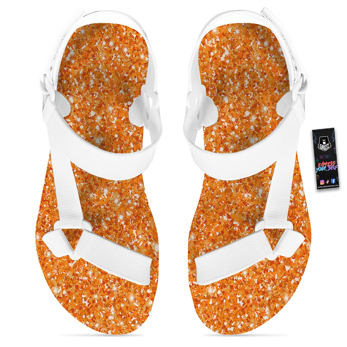 Glitter Artwork Orange Print White Open Toe Sandals-grizzshop