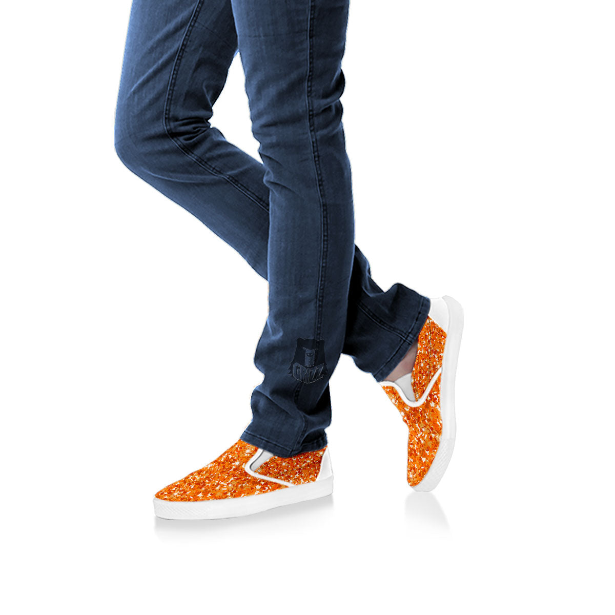 Glitter Artwork Orange Print White Slip On Shoes-grizzshop