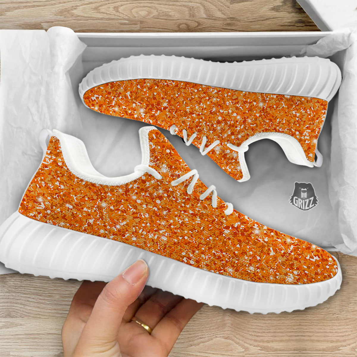 Glitter Artwork Orange Print White Walking Shoes-grizzshop