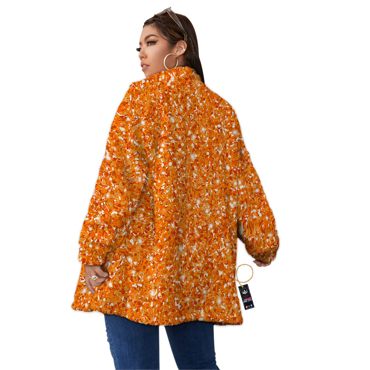 Glitter Artwork Orange Print Women's Sherpa Jacket-grizzshop