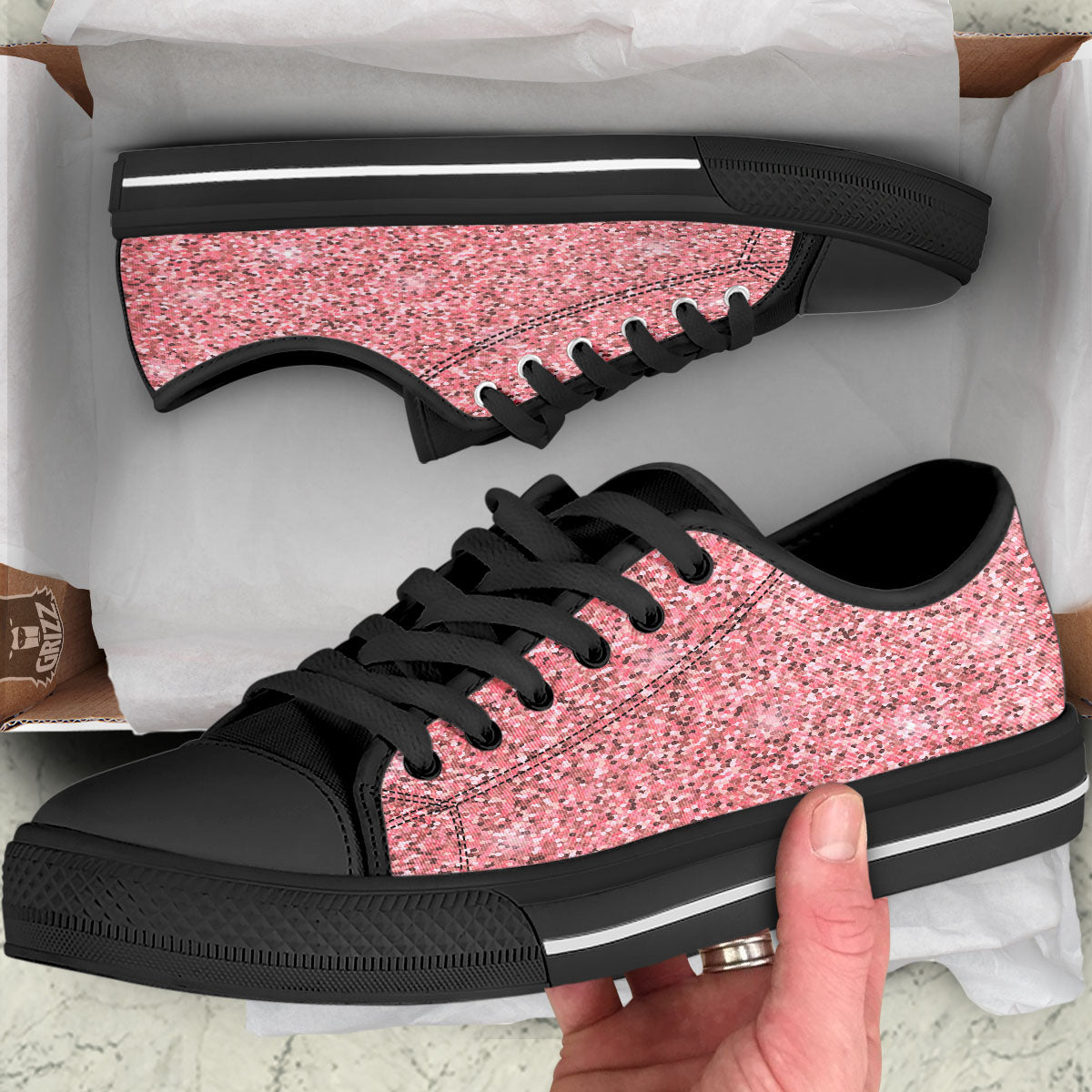 Glitter Artwork Pink Print Black Low Top Shoes-grizzshop
