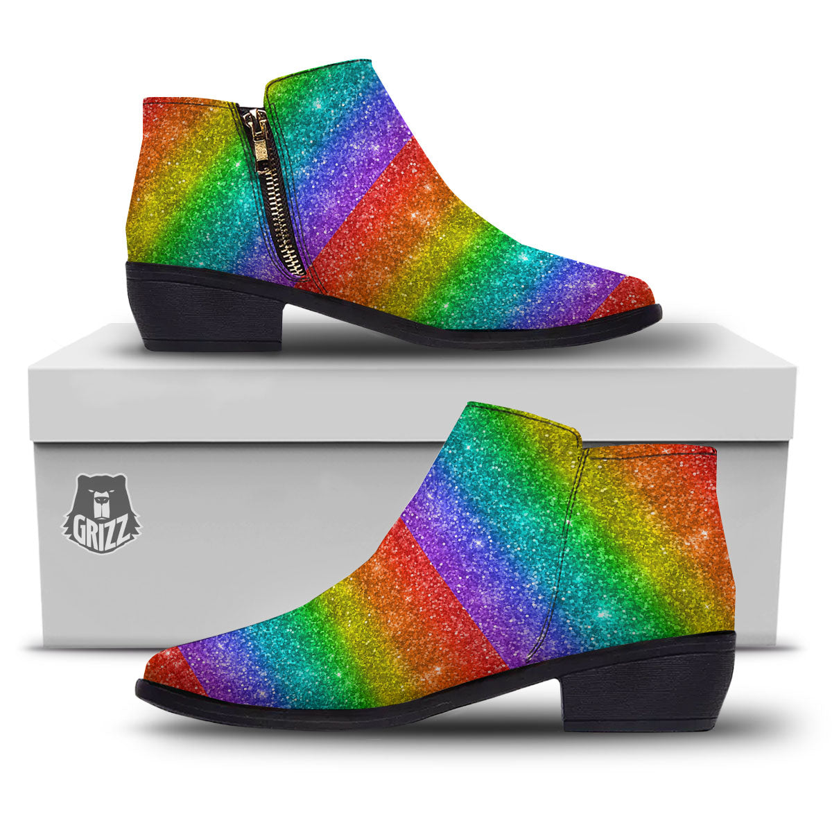 Glitter Rainbow Print Pattern Ankle Boots-grizzshop