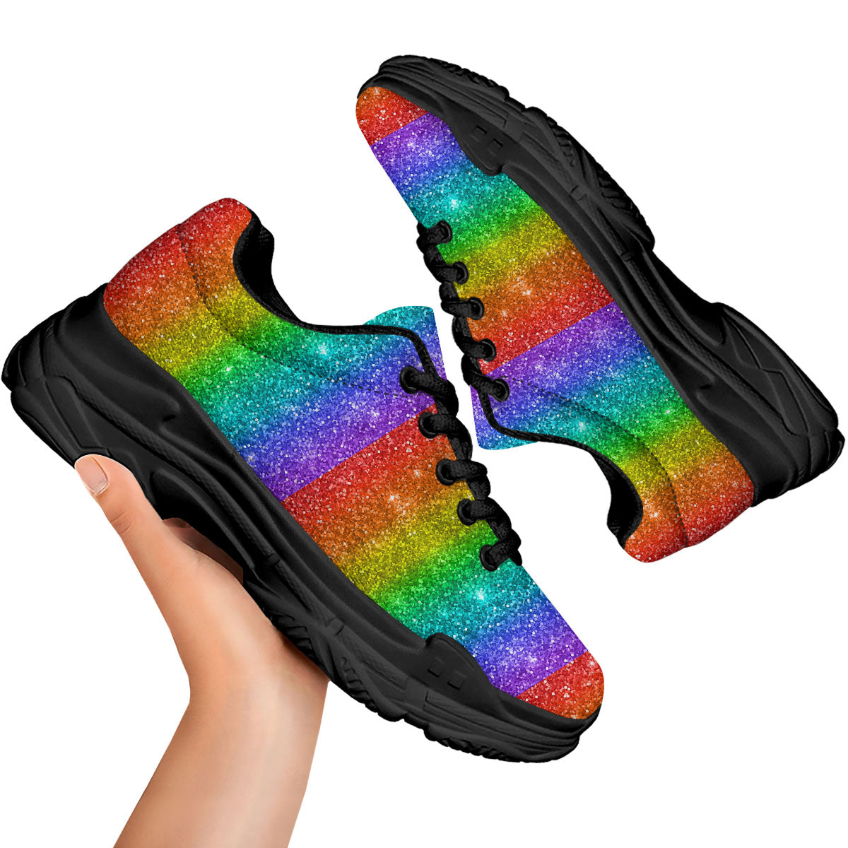 Glitter Rainbow Print Pattern Black Chunky Shoes-grizzshop