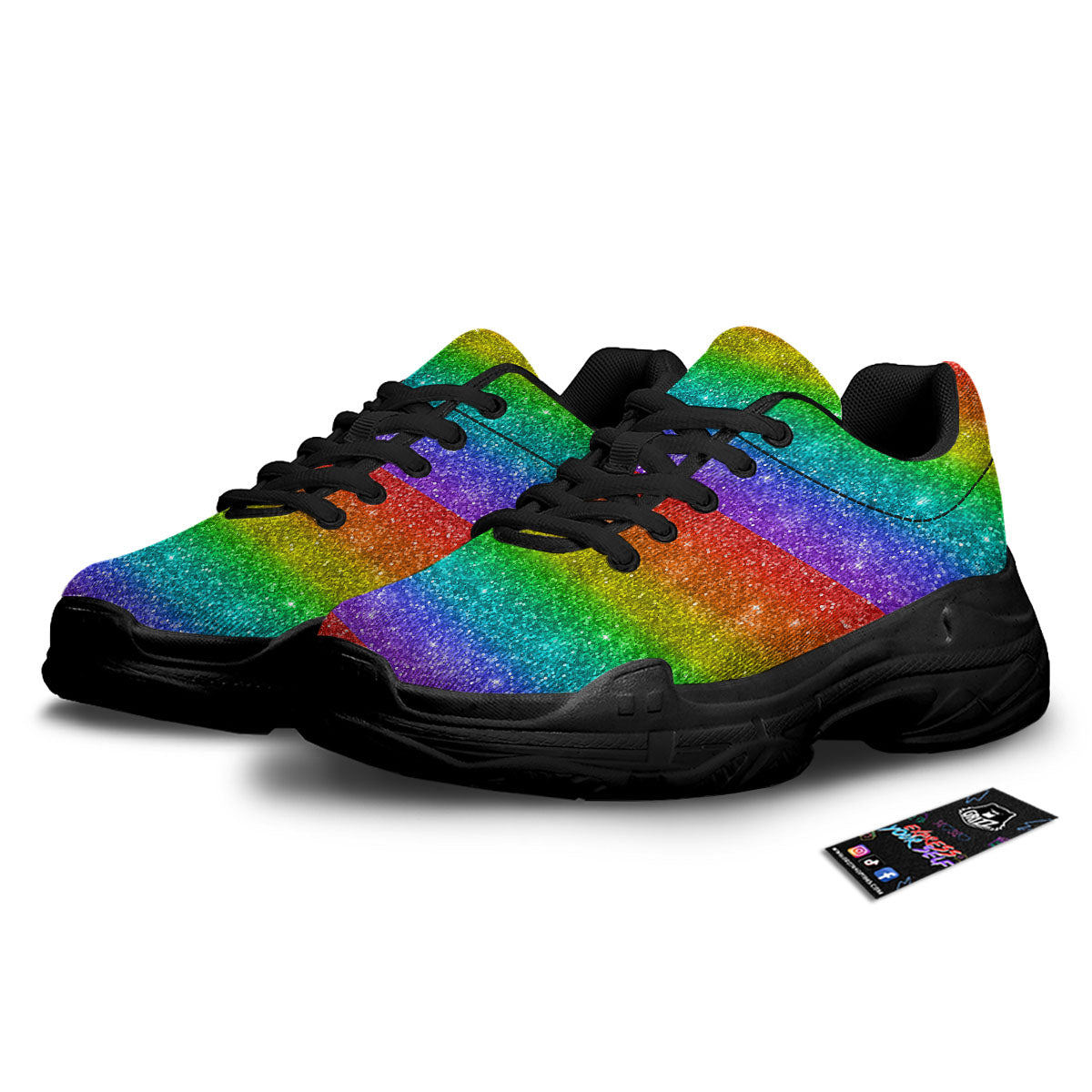 Glitter Rainbow Print Pattern Black Chunky Shoes-grizzshop