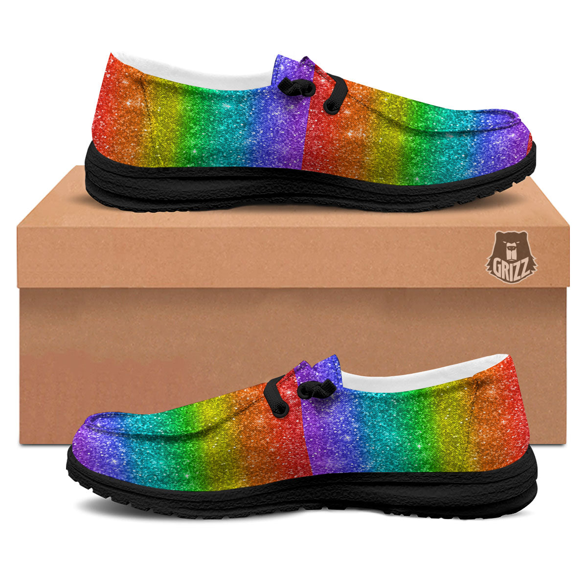 Glitter Rainbow Print Pattern Black Loafers-grizzshop