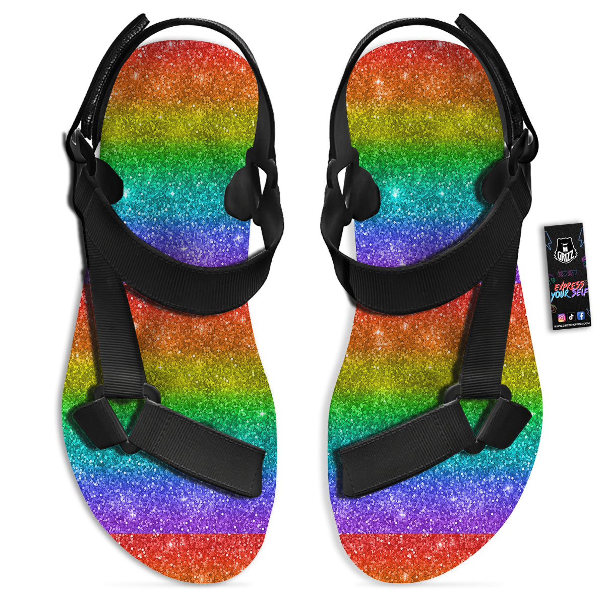 Glitter Rainbow Print Pattern Black Open Toe Sandals-grizzshop
