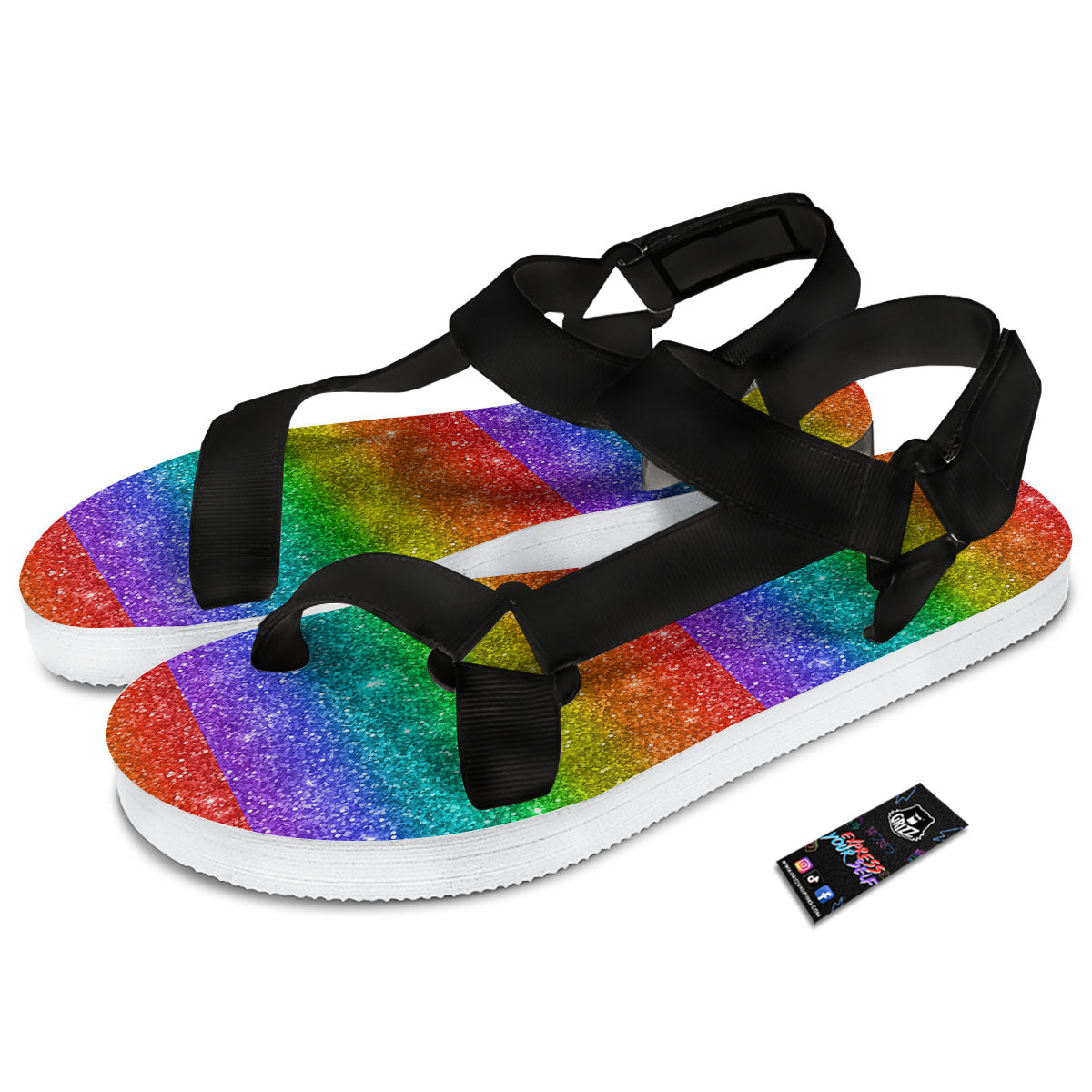 Glitter Rainbow Print Pattern Black Open Toe Sandals-grizzshop