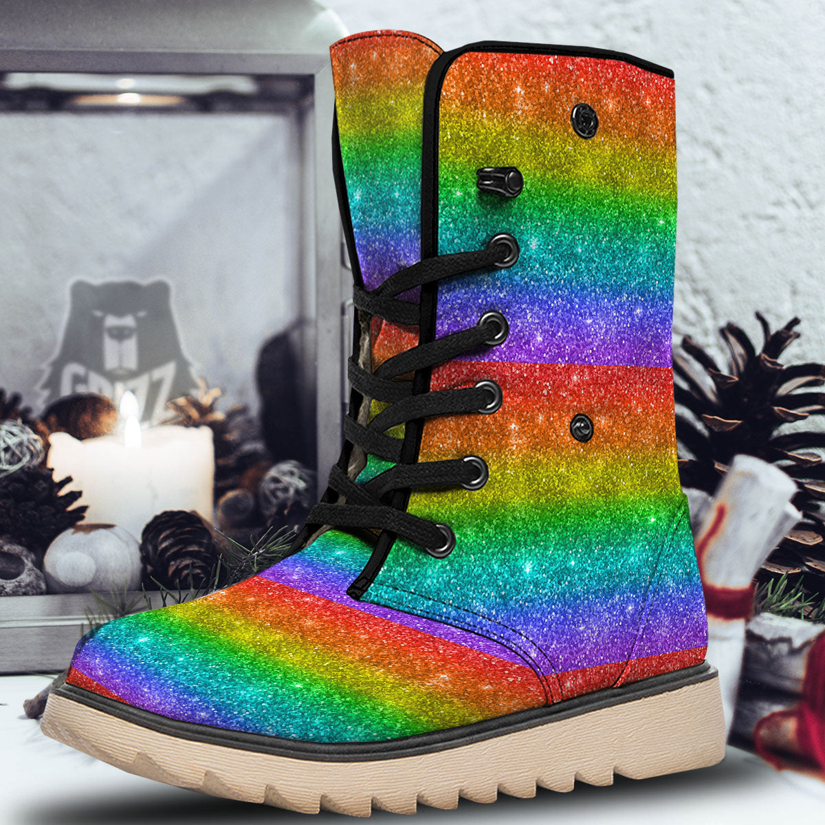 Glitter Rainbow Print Pattern Snow Boots-grizzshop