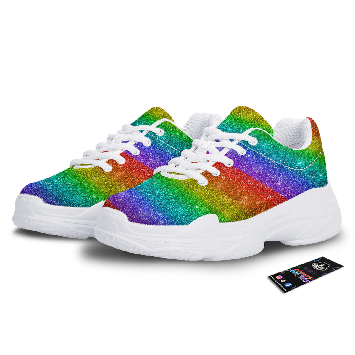 Glitter Rainbow Print Pattern White Chunky Shoes-grizzshop