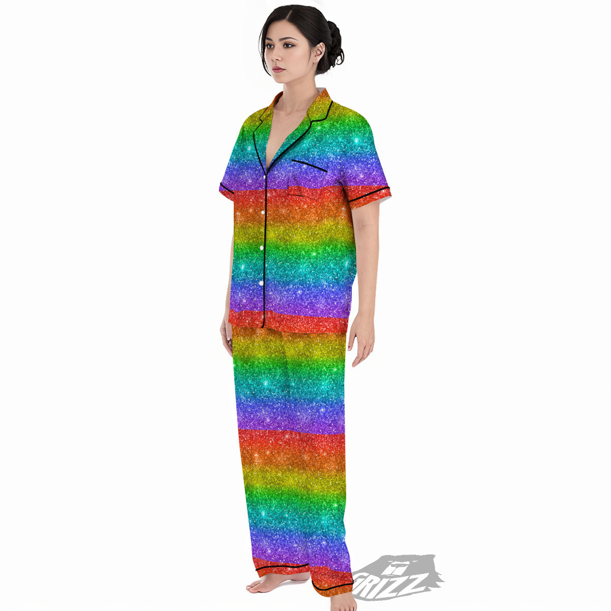Glitter Rainbow Print Pattern Women's Pajamas Set-grizzshop