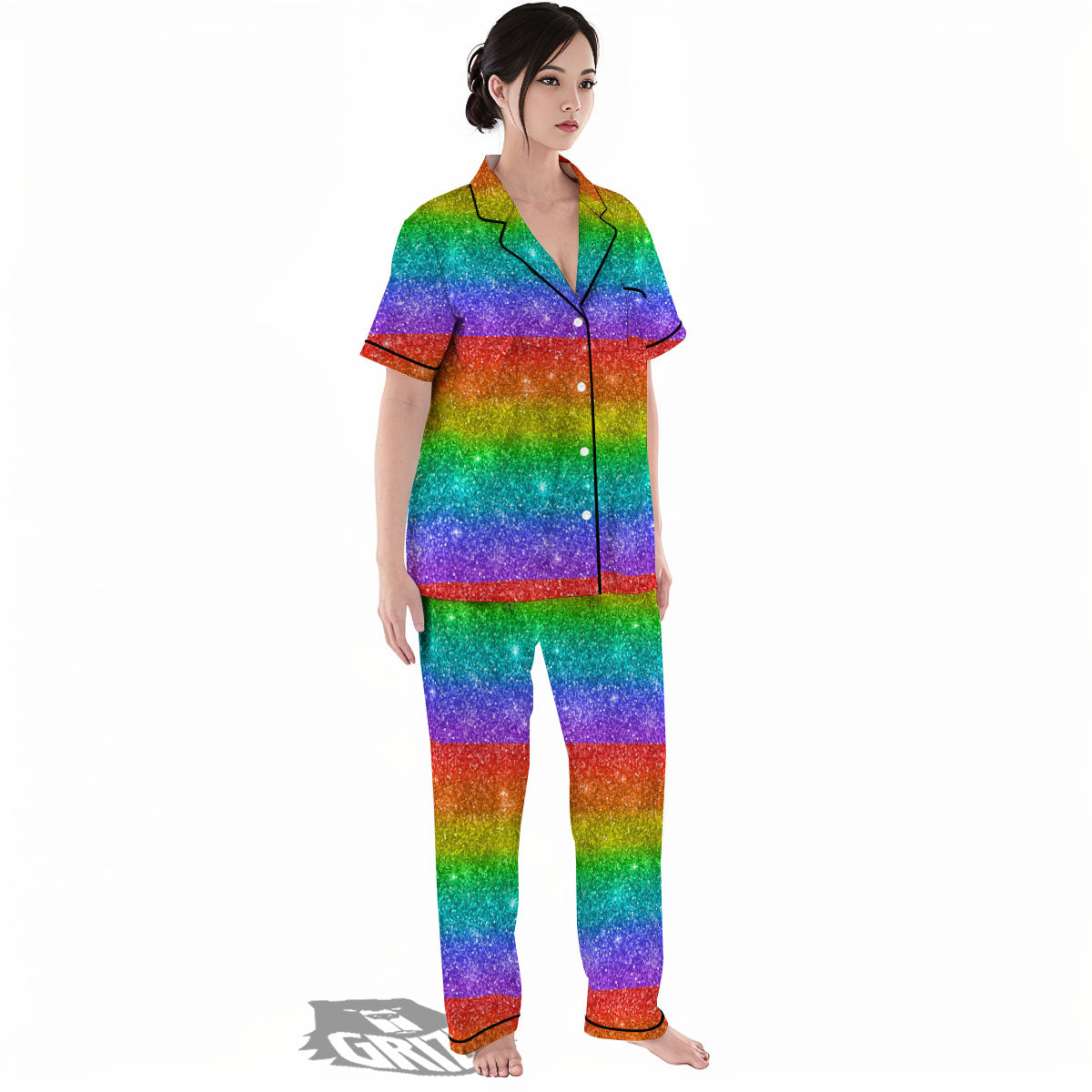Glitter Rainbow Print Pattern Women's Pajamas Set-grizzshop