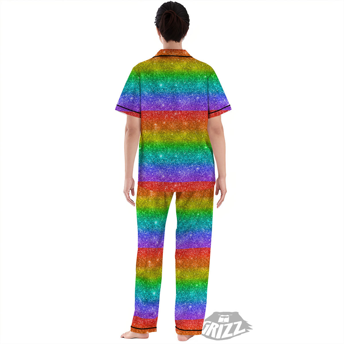 Glitter Rainbow Print Pattern Women's Pajamas Set-grizzshop