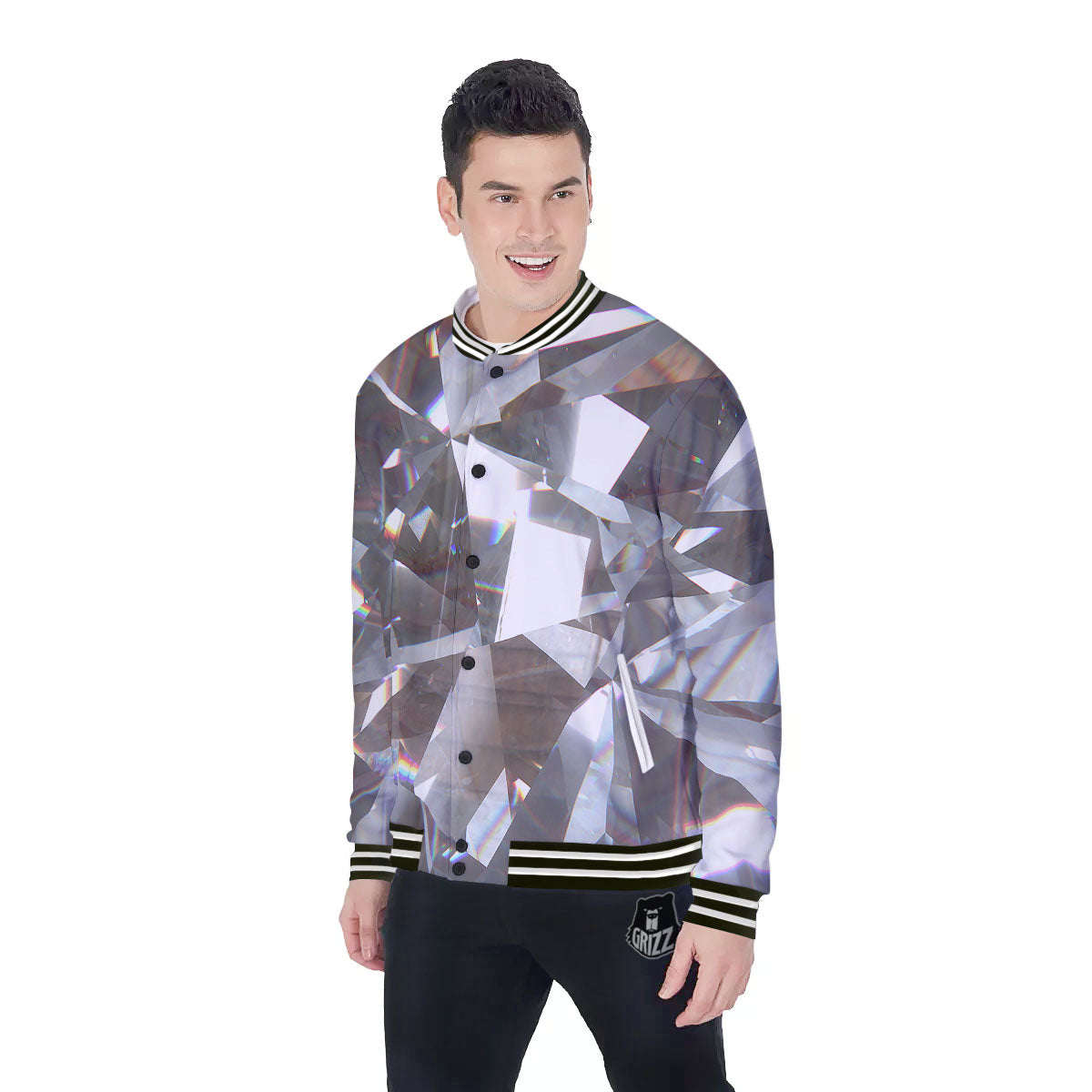 Glitter Texture Diamond Print Baseball Jacket-grizzshop