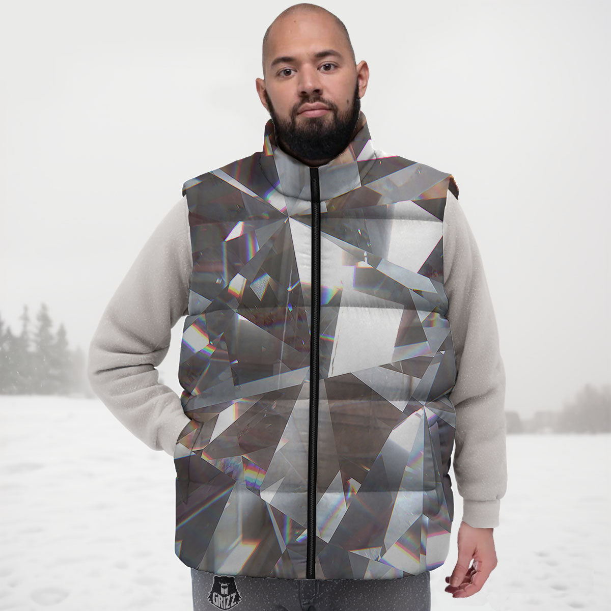 Glitter Texture Diamond Print Down Vest