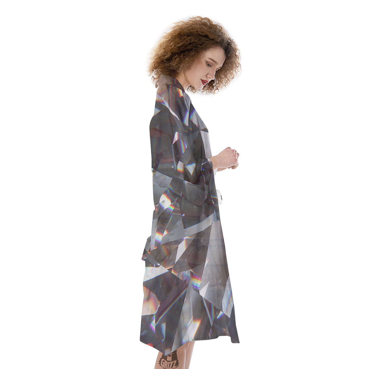 Glitter Texture Diamond Print Kimono-grizzshop