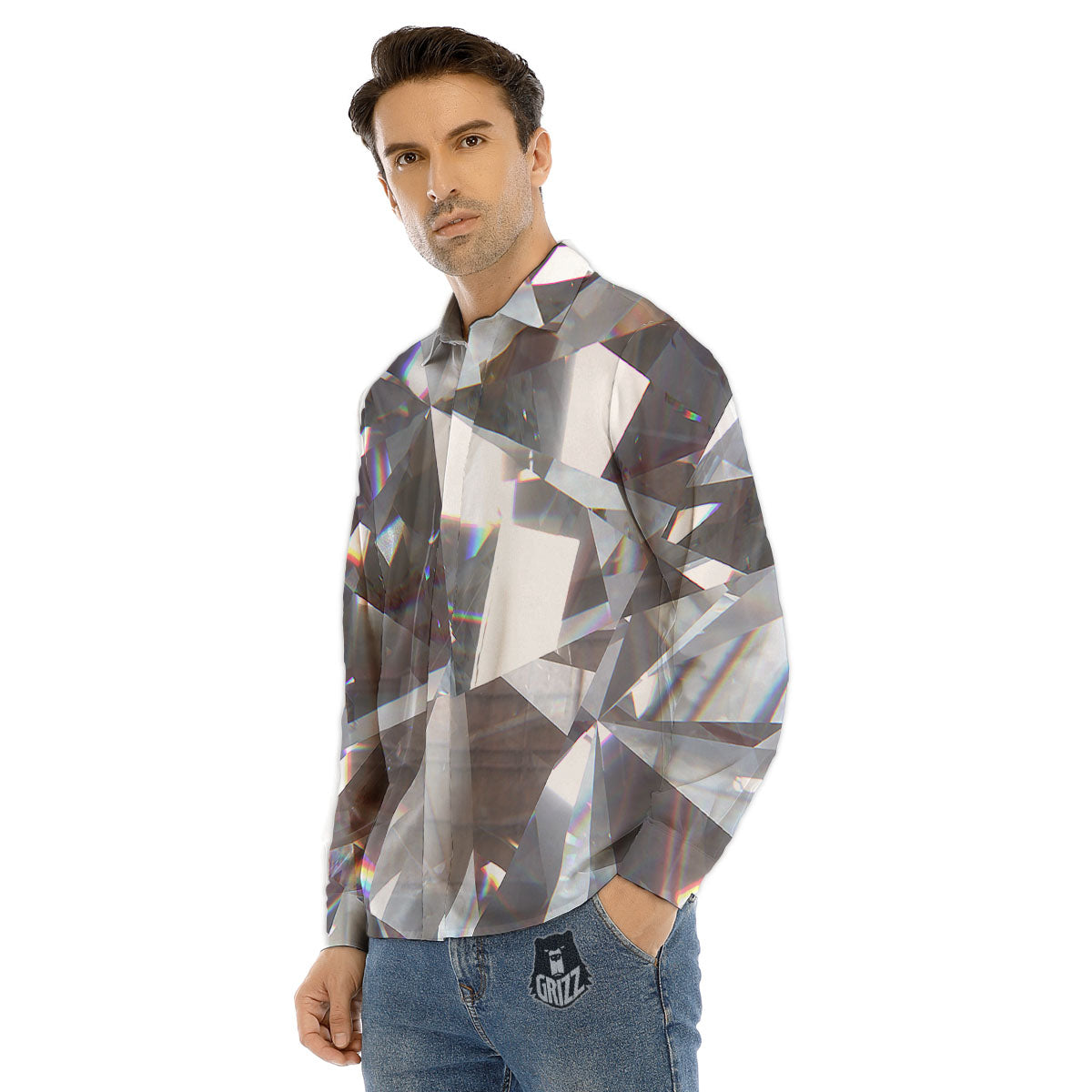 Glitter Texture Diamond Print Men's Dress Shirts-grizzshop