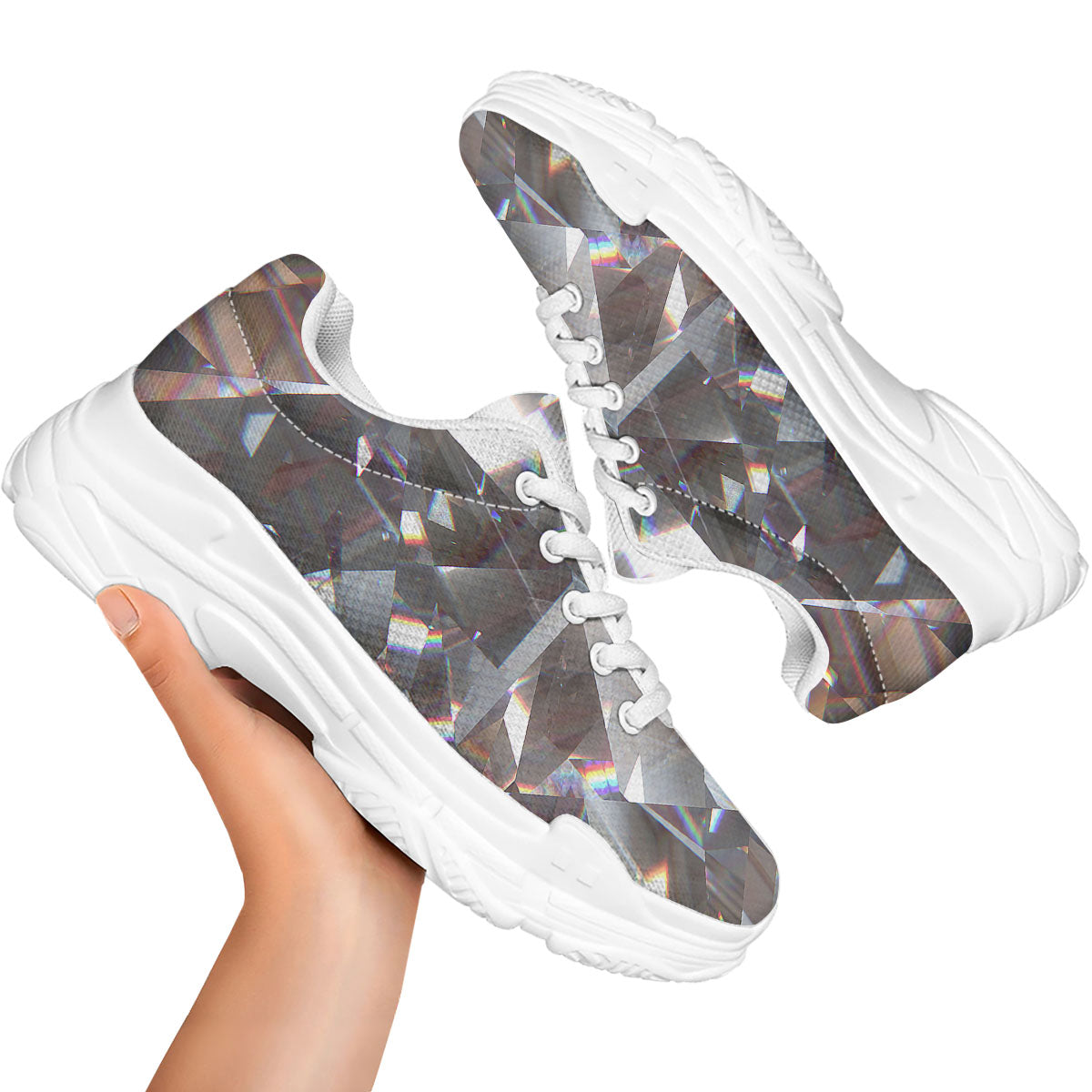 Glitter Texture Diamond Print White Chunky Shoes-grizzshop