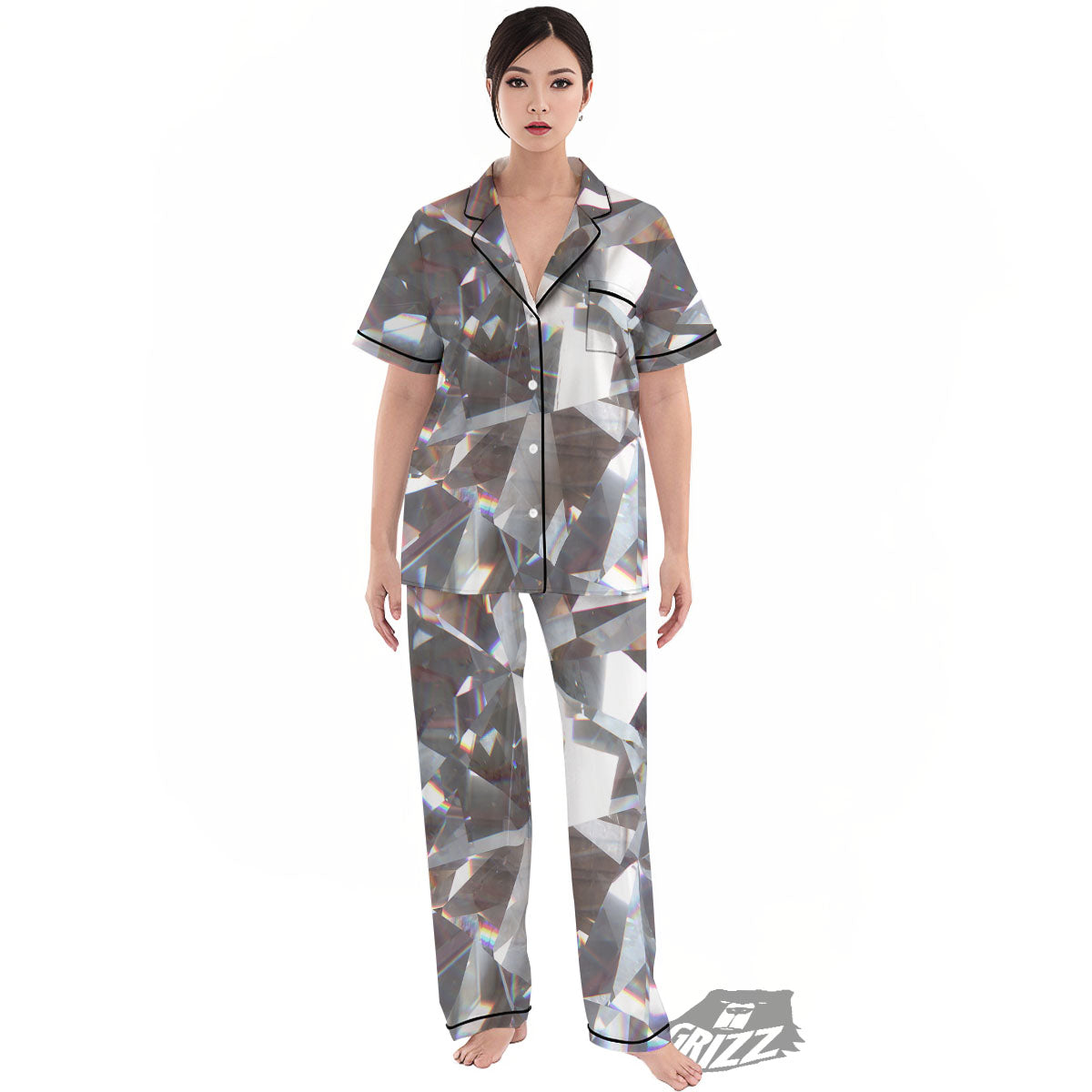 Glitter Texture Diamond Print Women's Pajamas Set-grizzshop