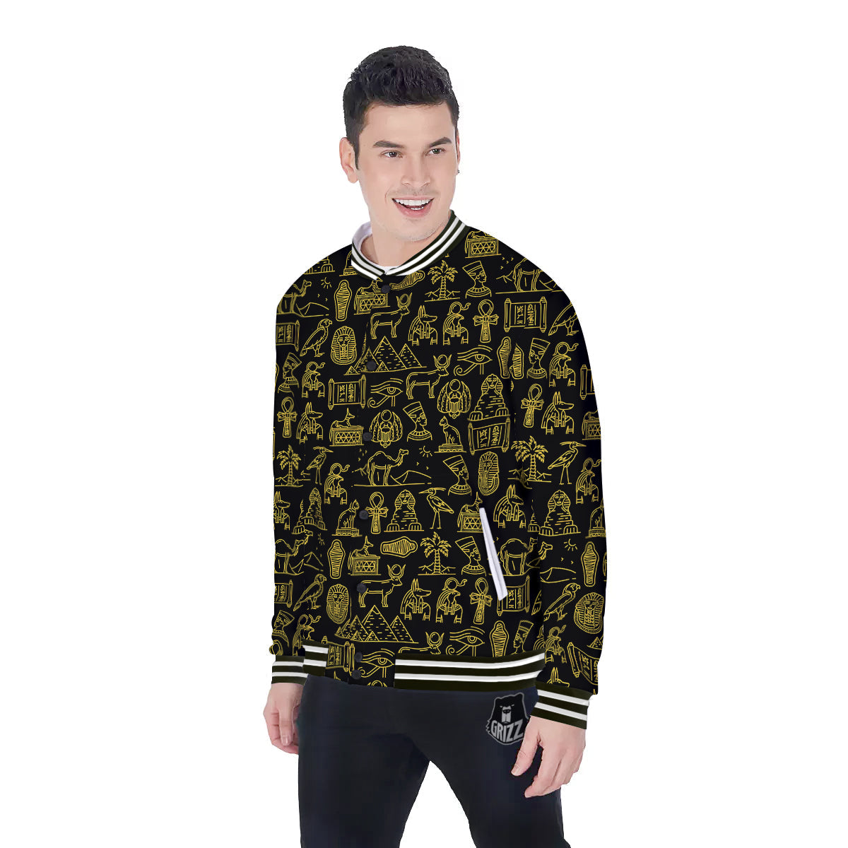 Glod Ancient Egyptian Print Pattern Baseball Jacket-grizzshop