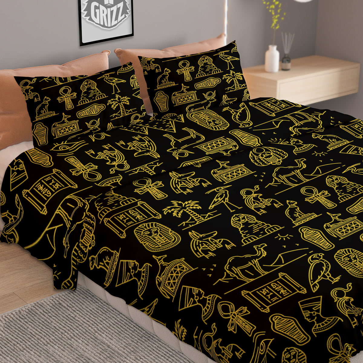 Glod Ancient Egyptian Print Pattern Duvet Cover Bedding Set