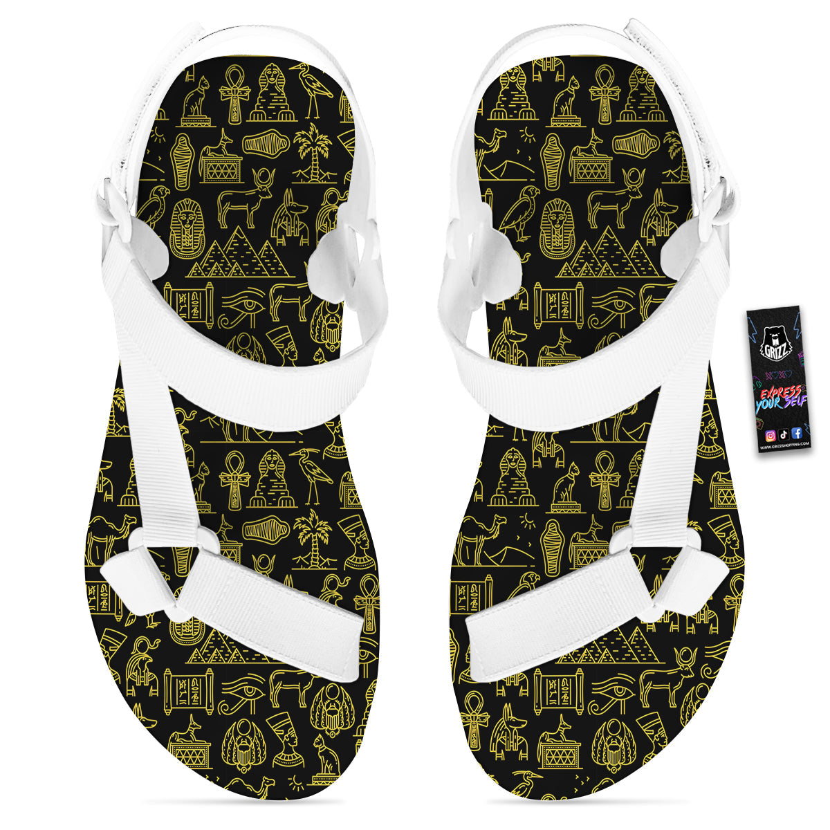 Glod Ancient Egyptian Print Pattern White Open Toe Sandals-grizzshop