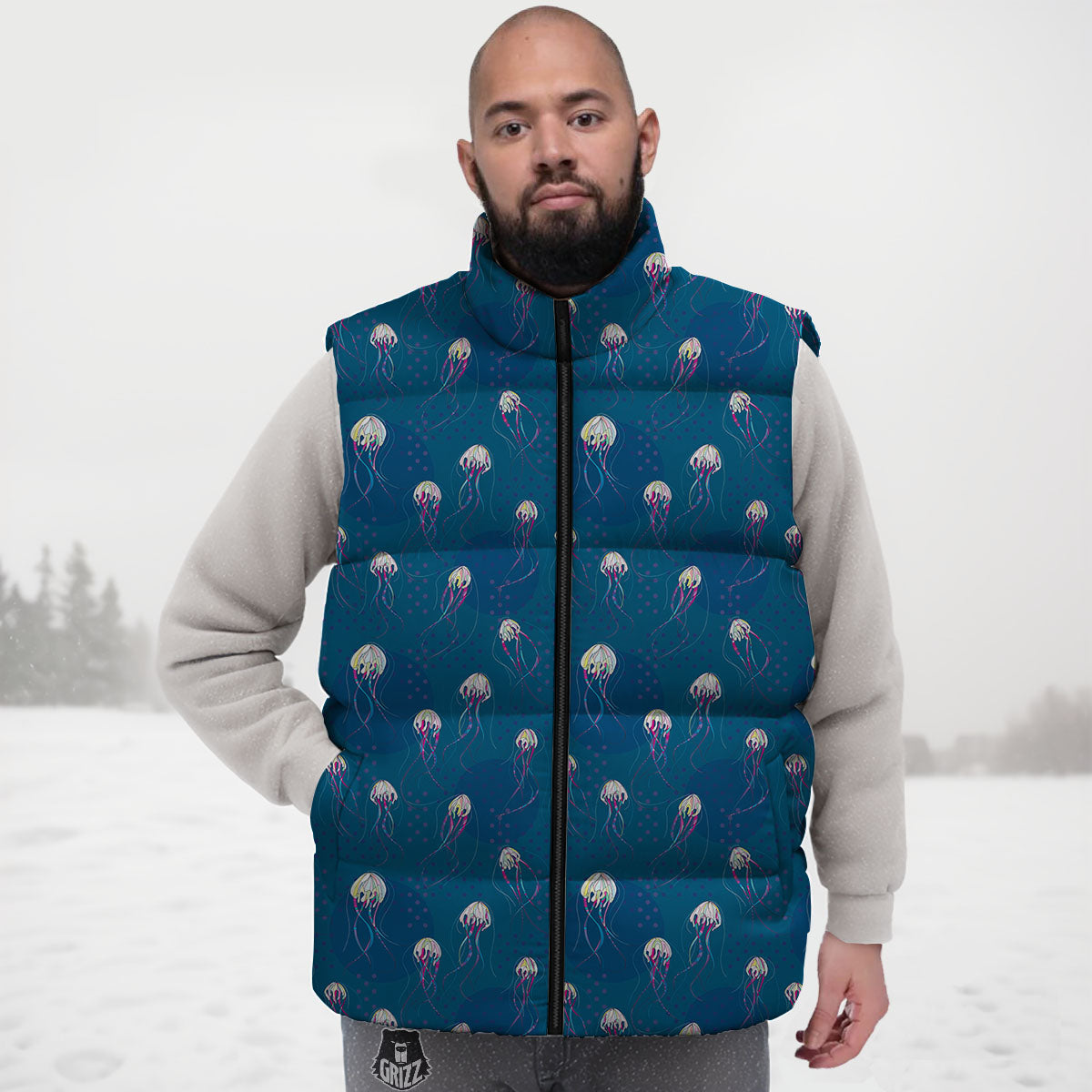 Glowing Jellyfish Print Pattern Down Vest-grizzshop