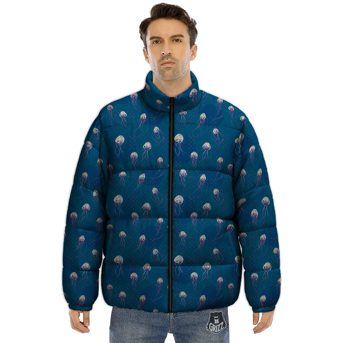 Glowing Jellyfish Print Pattern Puffer Jacket-grizzshop