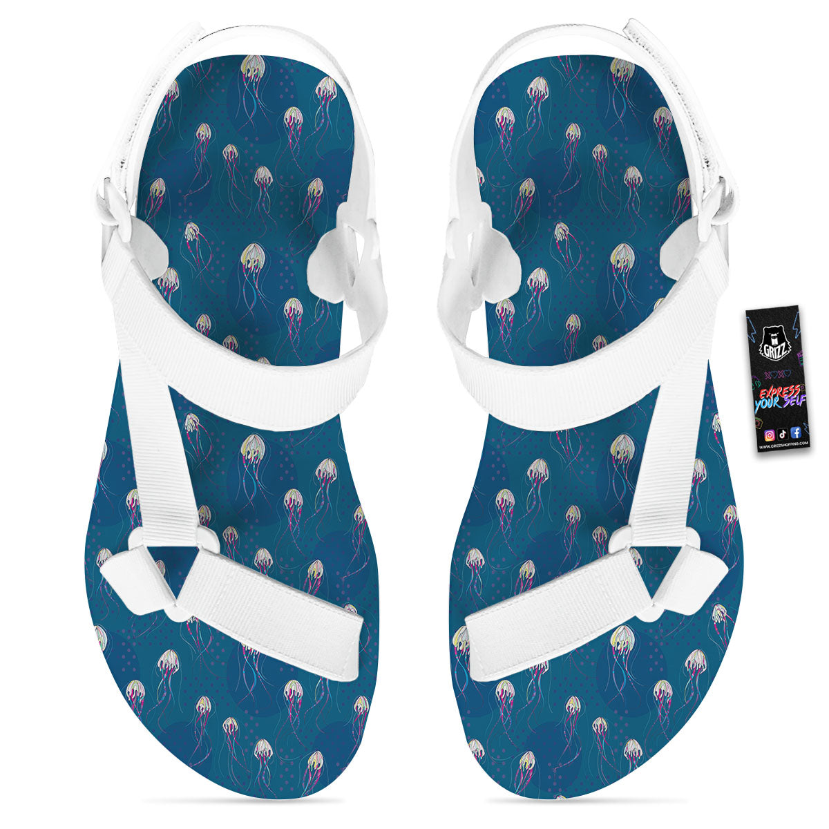 Glowing Jellyfish Print Pattern White Open Toe Sandals-grizzshop