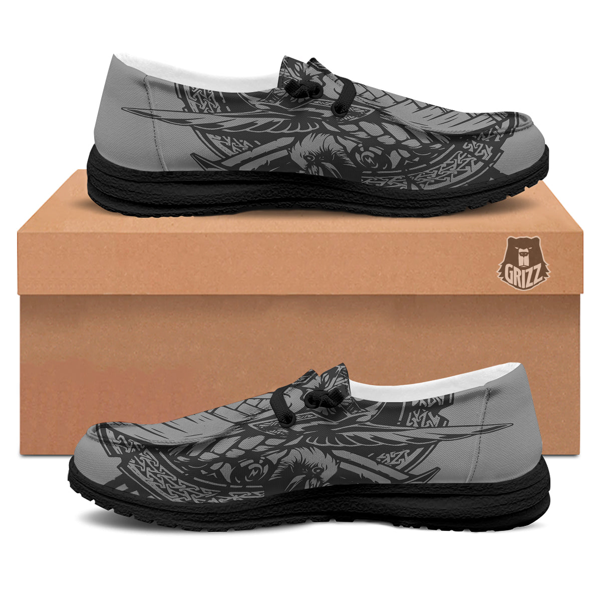 God Odin Grey Color Print Black Loafers-grizzshop