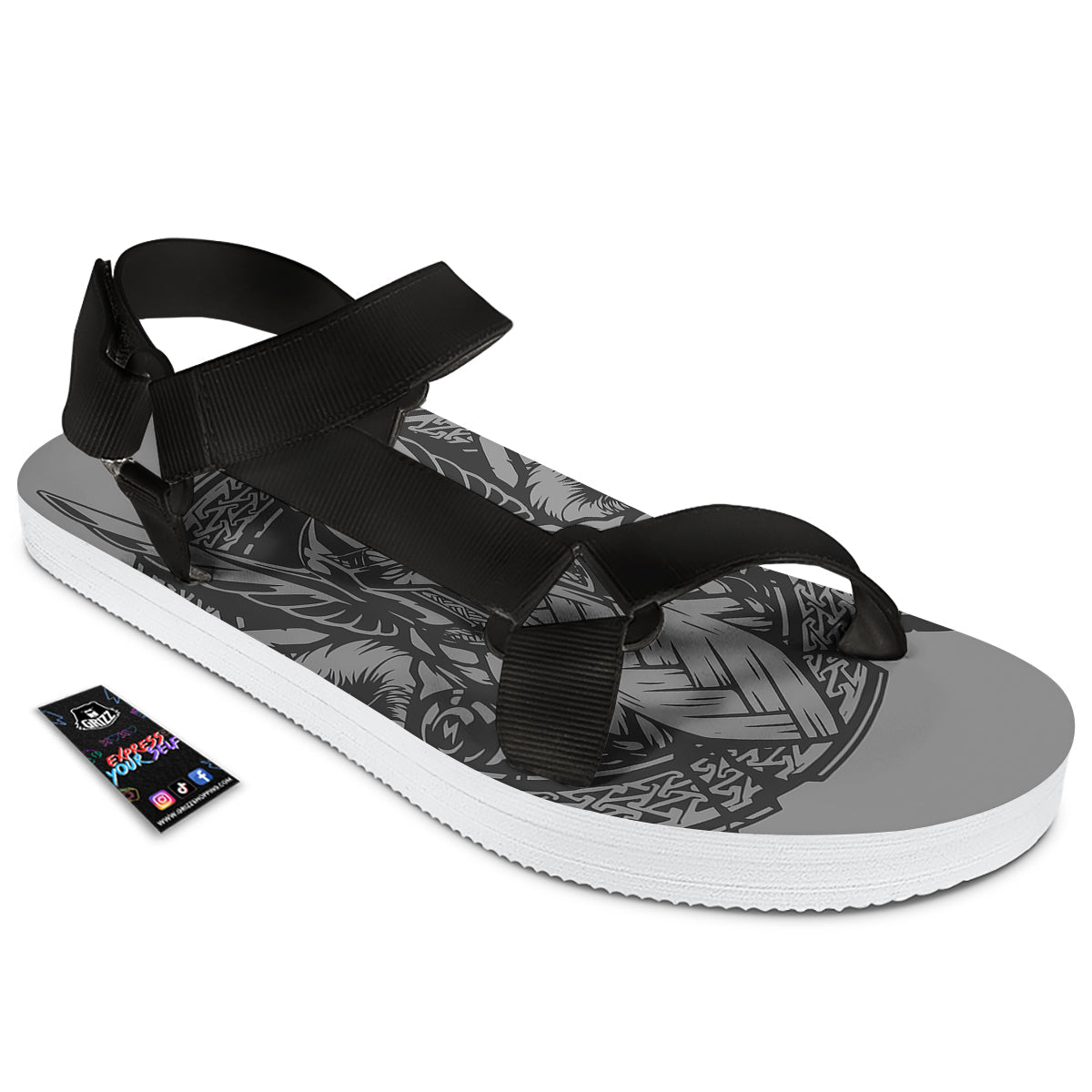 God Odin Grey Color Print Black Open Toe Sandals-grizzshop