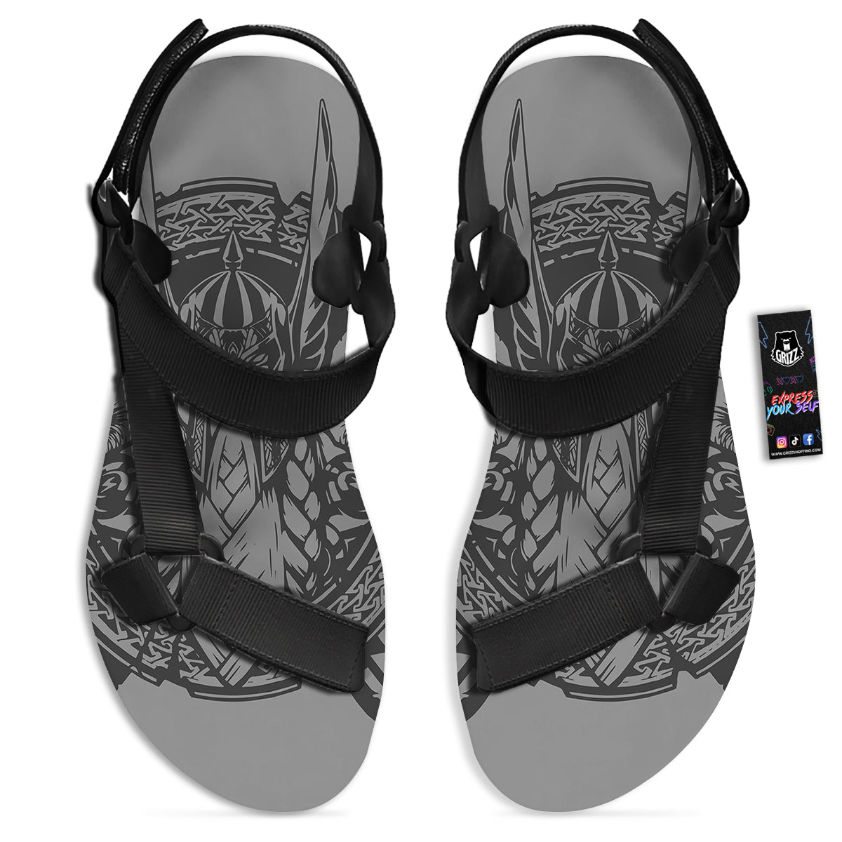 God Odin Grey Color Print Black Open Toe Sandals-grizzshop