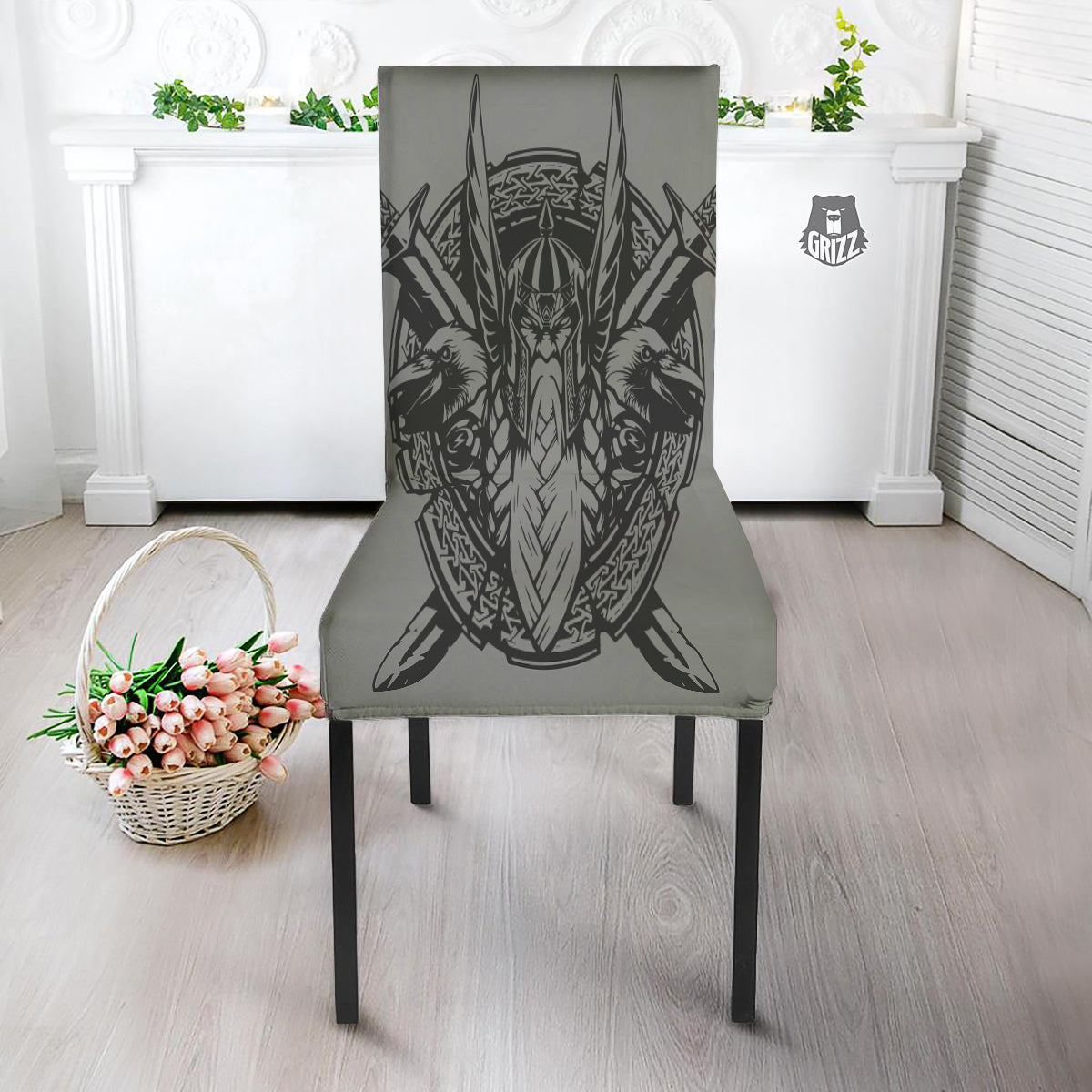God Odin Grey Color Print Dining Chair Slipcover-grizzshop