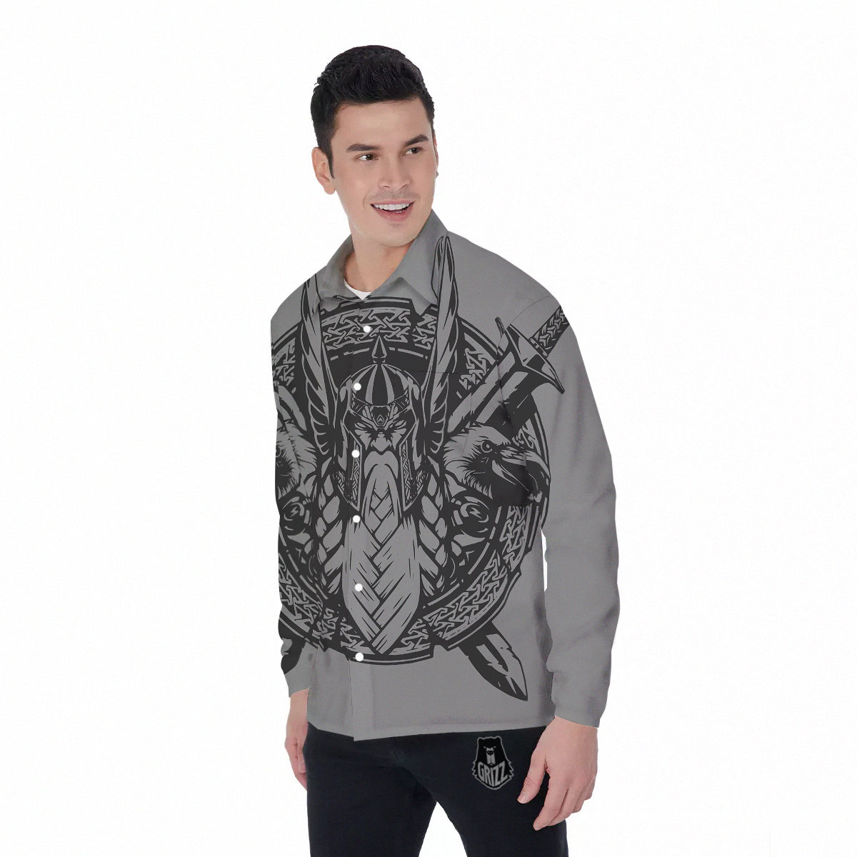 God Odin Grey Color Print Men's Long Sleeve Shirts-grizzshop