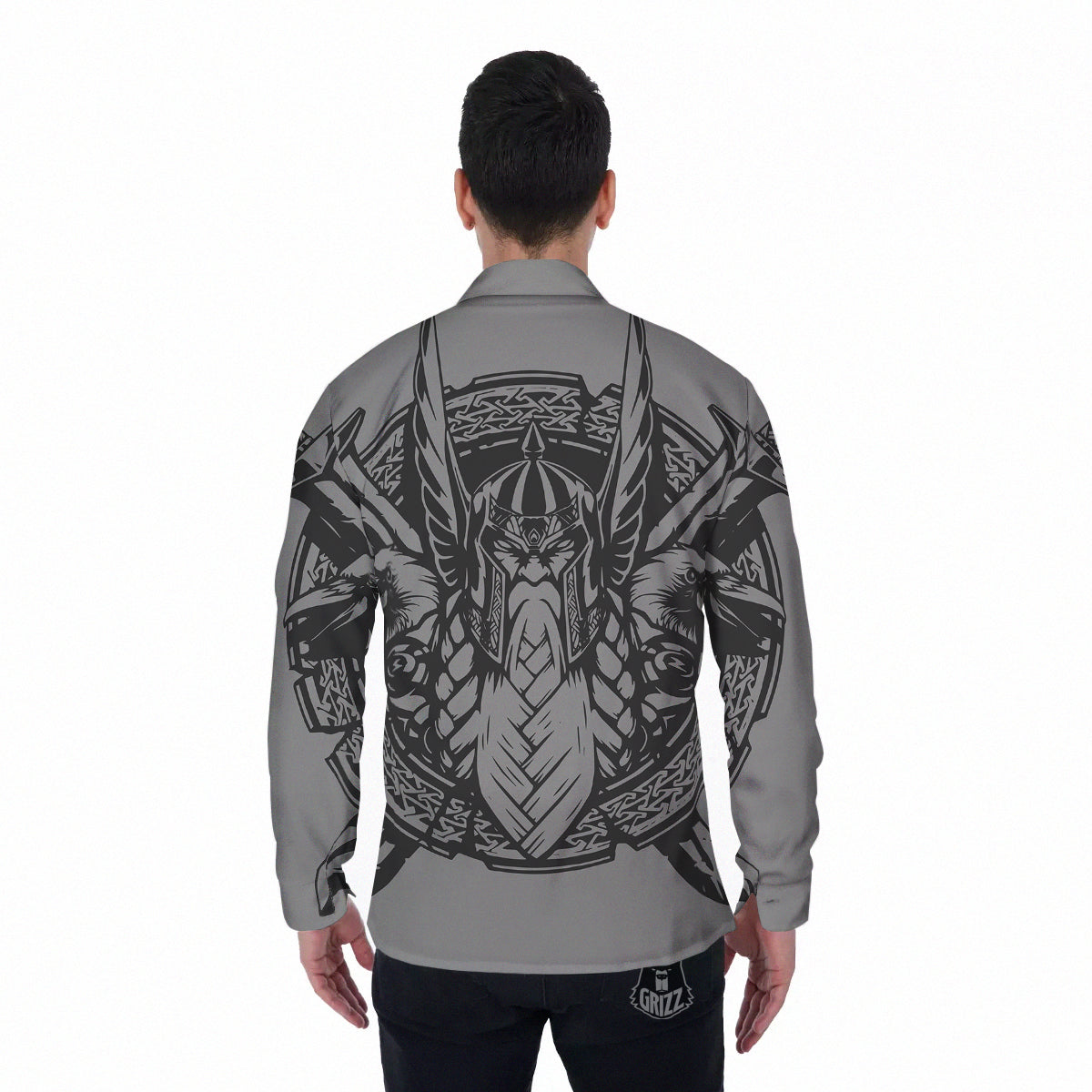 God Odin Grey Color Print Men's Long Sleeve Shirts-grizzshop