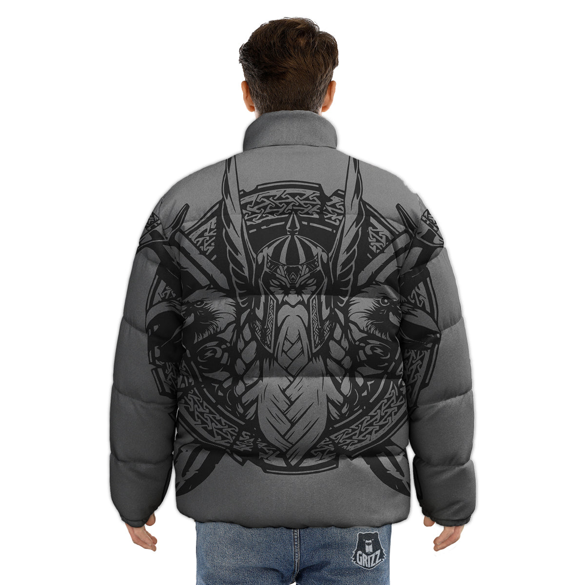 God Odin Grey Color Print Puffer Jacket-grizzshop
