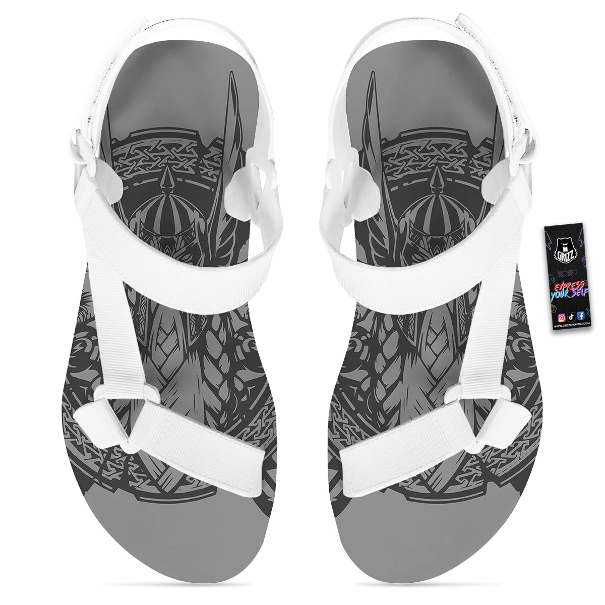 God Odin Grey Color Print White Open Toe Sandals-grizzshop