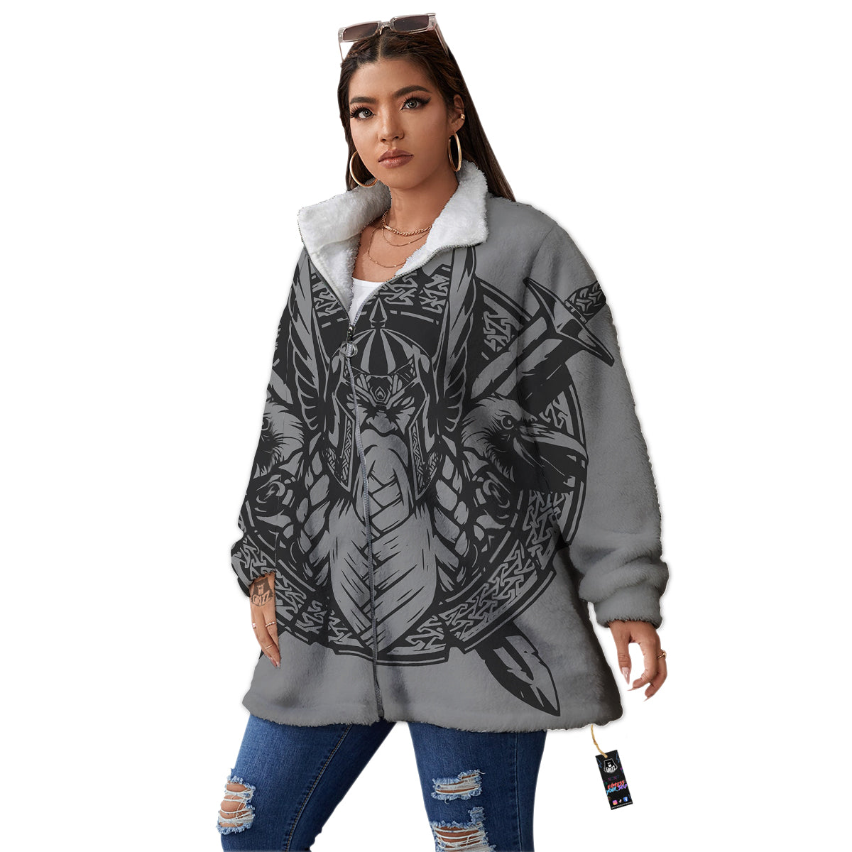 God Odin Grey Color Print Women's Sherpa Jacket-grizzshop
