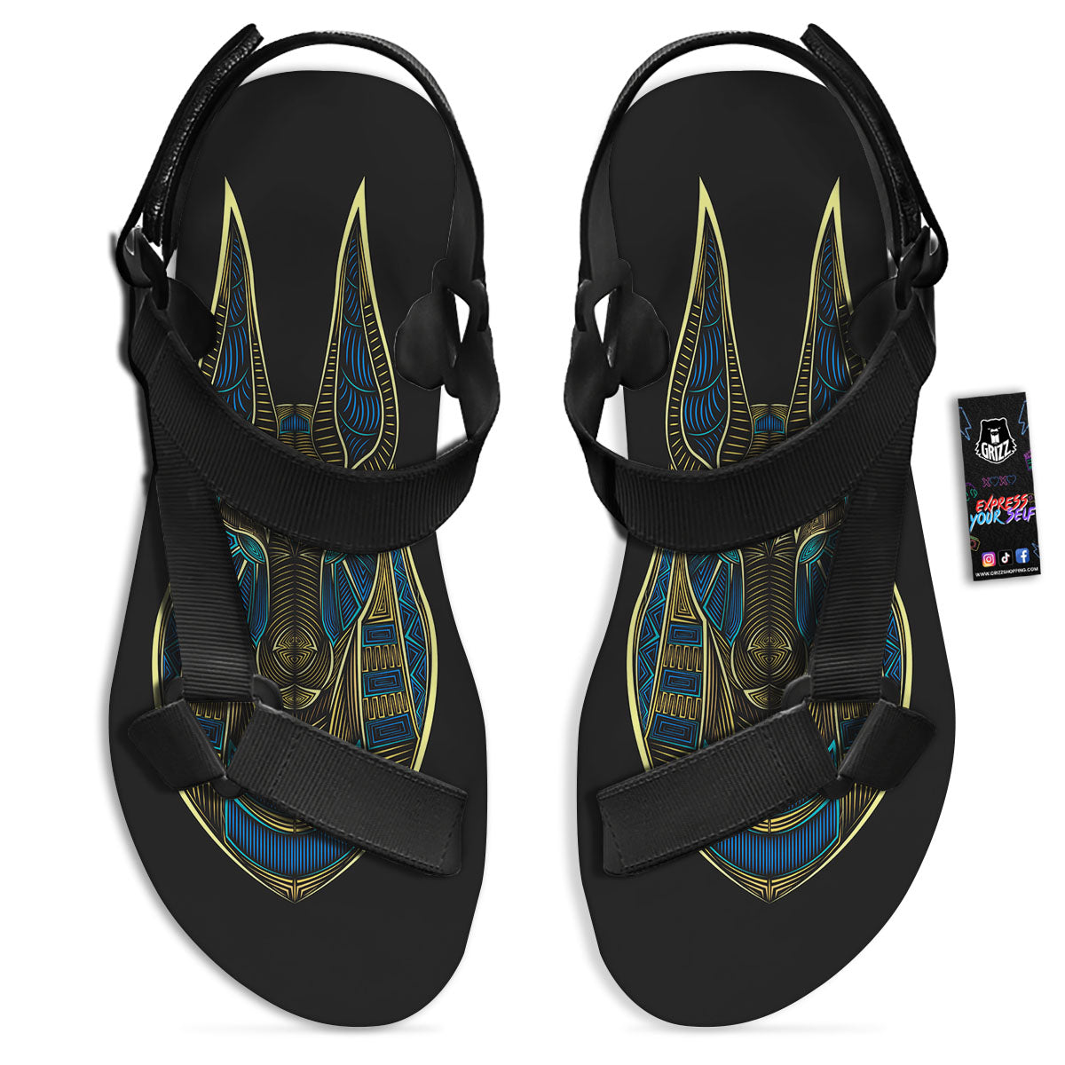 Gods Ancient Egyptian Print Black Open Toe Sandals-grizzshop