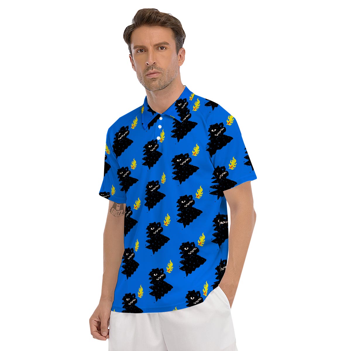 Godzilla Japanese Pattern Print Men's Golf Shirts-grizzshop